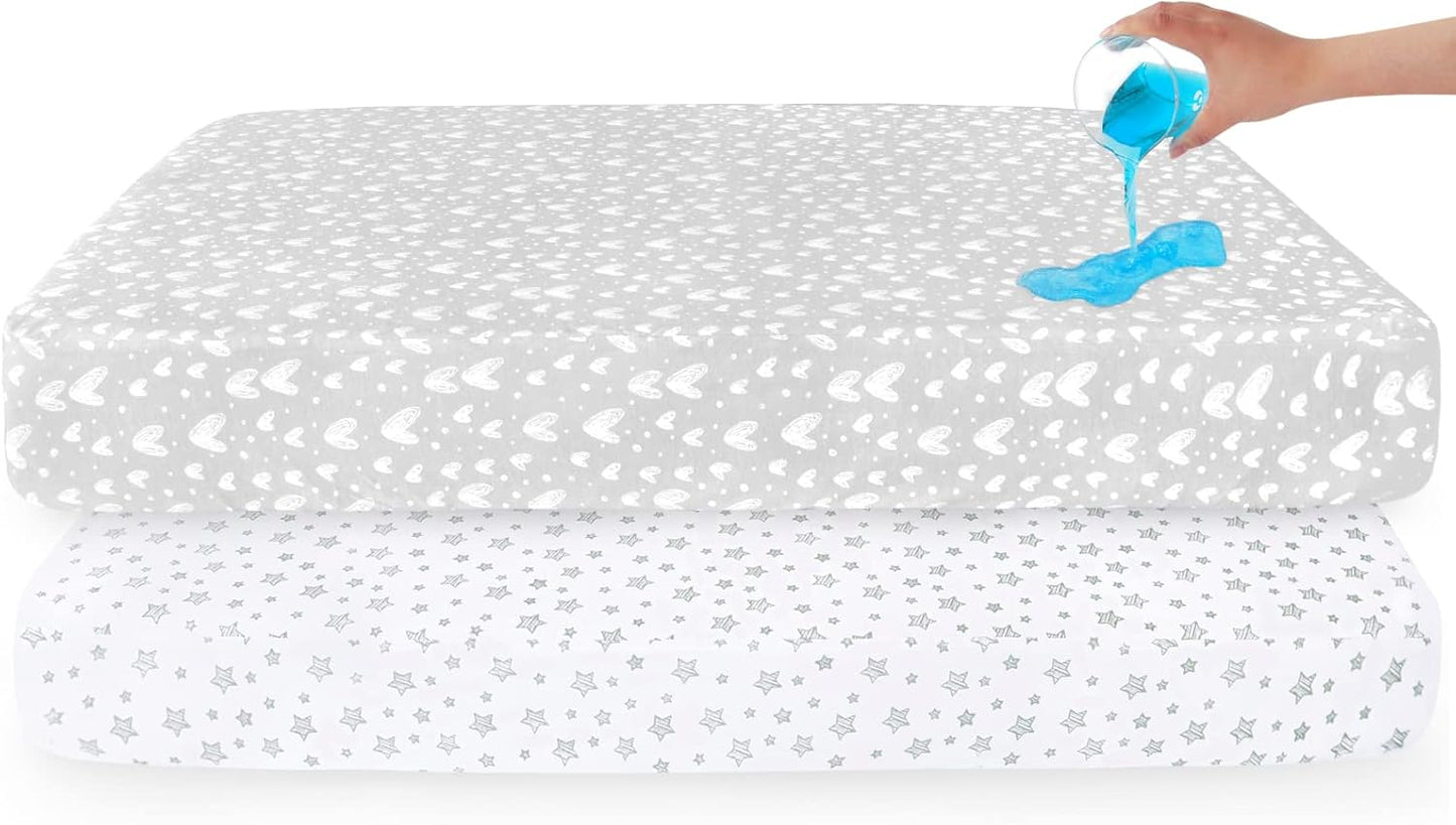 Waterproof Crib Mattress Protector 2 Pack, 100% Organic Cotton Crib Mattress Sheet, Fitted Crib Sheet, Ultra Soft & Breathable Toddler Bed Sheets for Boys and Girls, White & Grey Star Print