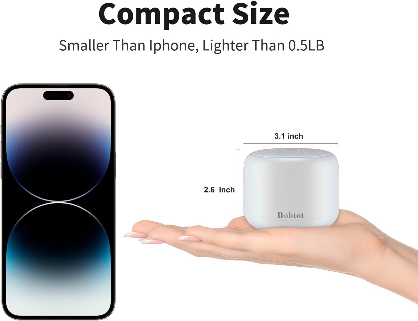 Bobtot Portable Bluetooth Speakers with Strap Easy to Carry, Wireless IPX5 Waterproof Mini Speaker with Loud Stereo Sound, 20 Hours Playtime, Rechargeable Battery, Built-in Microphone, White