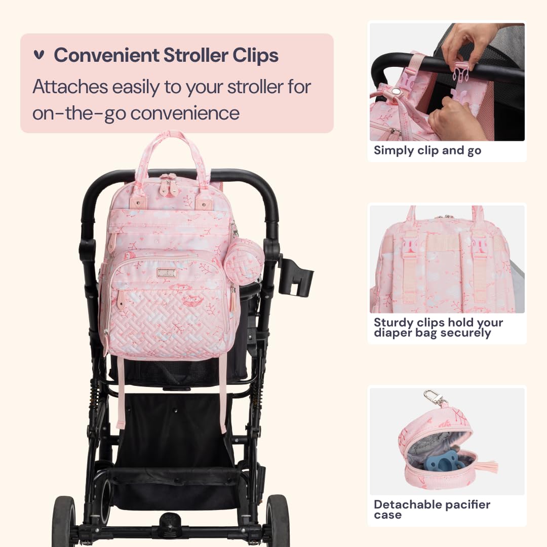 BabbleRoo Diaper Bag Backpack - Baby Essentials, Travel Essentials Baby Bag with Changing Pad, Stroller Straps & Pacifier Case - Unisex, Pink Birdy