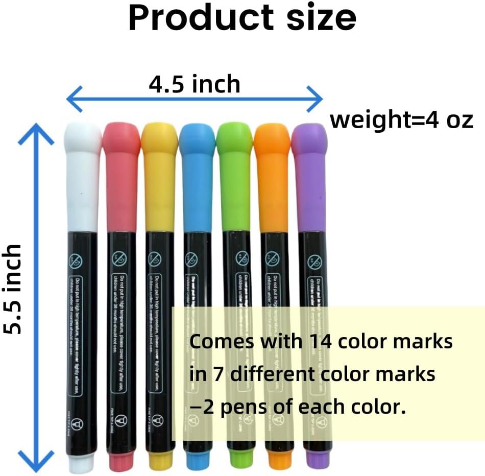 14-Color Neon Markers, erasable liquid chalk for LED Note Board, Whiteboard, Glass, Porcelain, Fabric – Non-Toxic, Quick-Dry, Safe for Kids, Anti-Choke Caps, Easy Erase