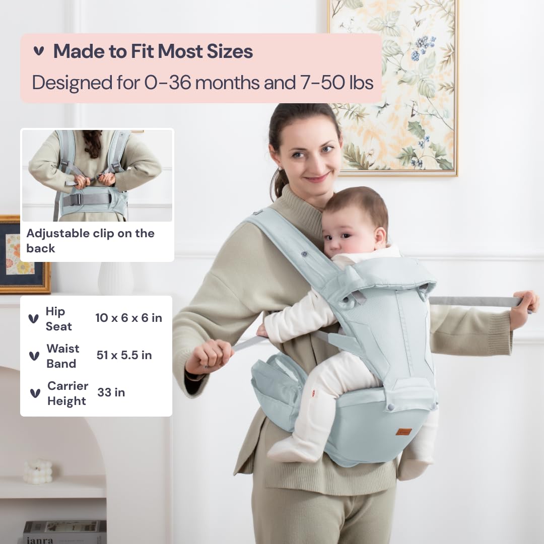 BabbleRoo Grow Carrier – Safety-Certified 6-in-1 Baby Carrier with Hip Seat, Ergonomic & Adjustable Toddler Carrier 7-50 lbs with Hip Support, Hood for Sun Protection, Newborn to Toddler, Seafoam