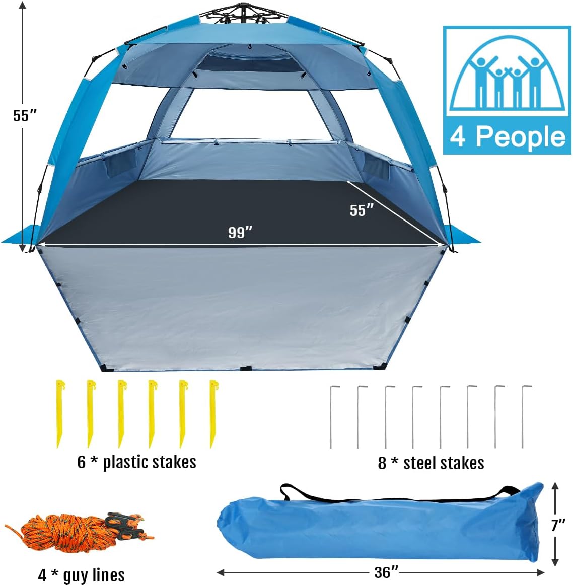 WhiteFang Deluxe Pop Up Beach Tent Sun Shade Shelter for 3-4/5-6 Person, UV Protection, Extendable Floor with 3 Ventilating Windows Plus Carrying Bag, Stakes, and Guy Lines