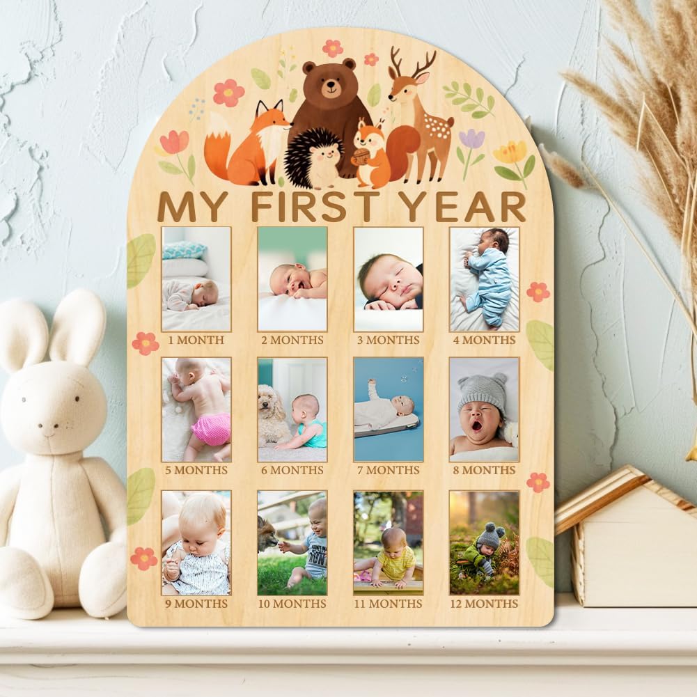 ORIGACH My First Year Baby Growth Photo Display Wood Board - 12 Months Newborn Milestones Photo Board - Neutral Baby Keepsake Frame 1st Birthday Party Nursery Decor New Mom Gift - Forest Animals
