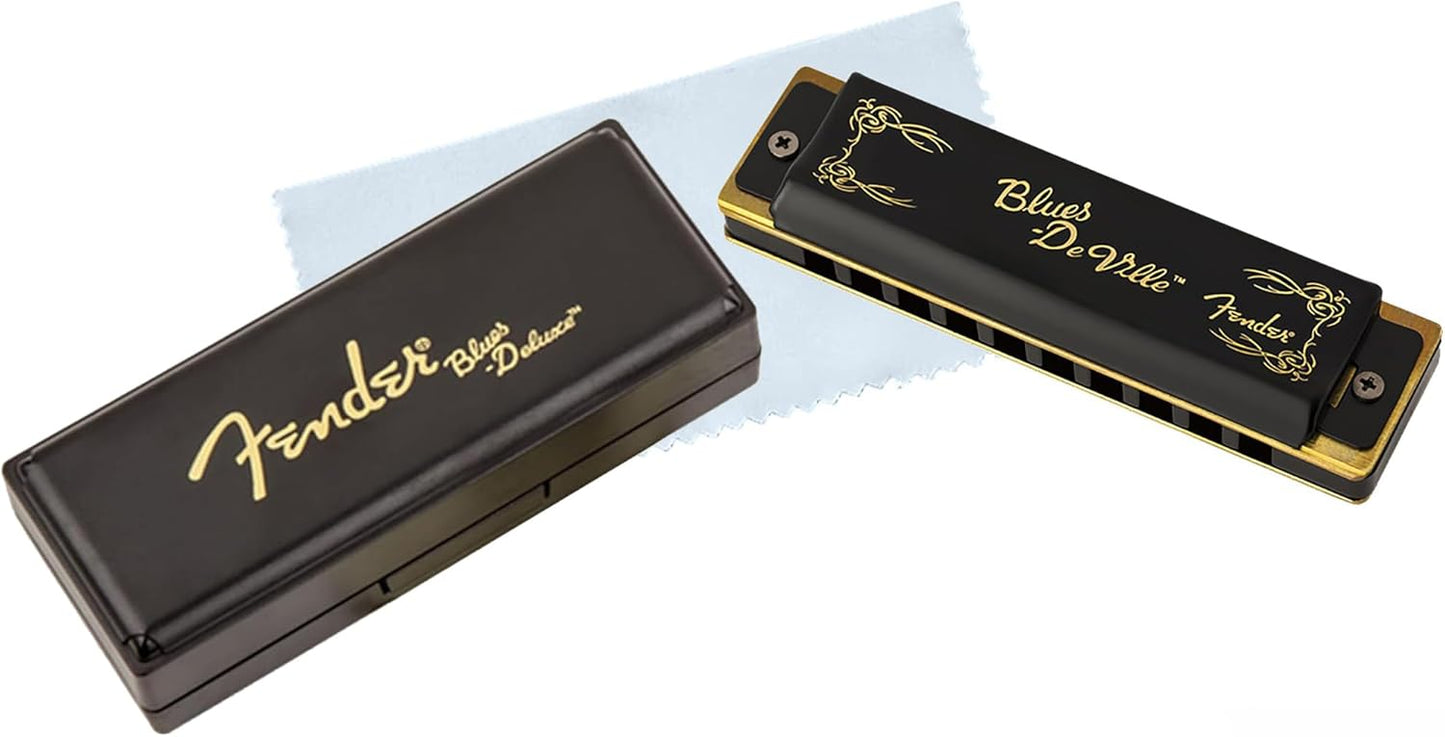 Fender Blues DeVille Harmonica - Key of D Bundle with Carrying Case, Austin Bazaar Online Manual, and Polishing Cloth
