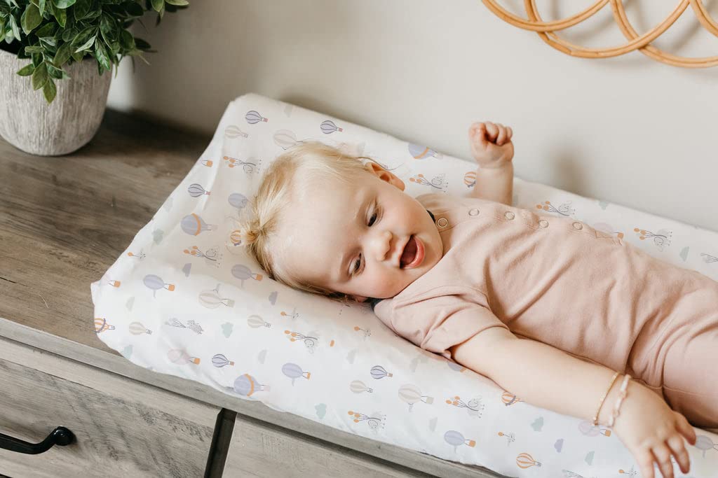 TotAha Premium Stretchy Changing Pad Covers (2-Pack)-Hypoallergenic, Silky Comfort, Buttery Soft, Calming Effect, All-Season Jersey-Knit 32 X 16 X 5'' Deep Pocket (Air Balloon & Sailboat)