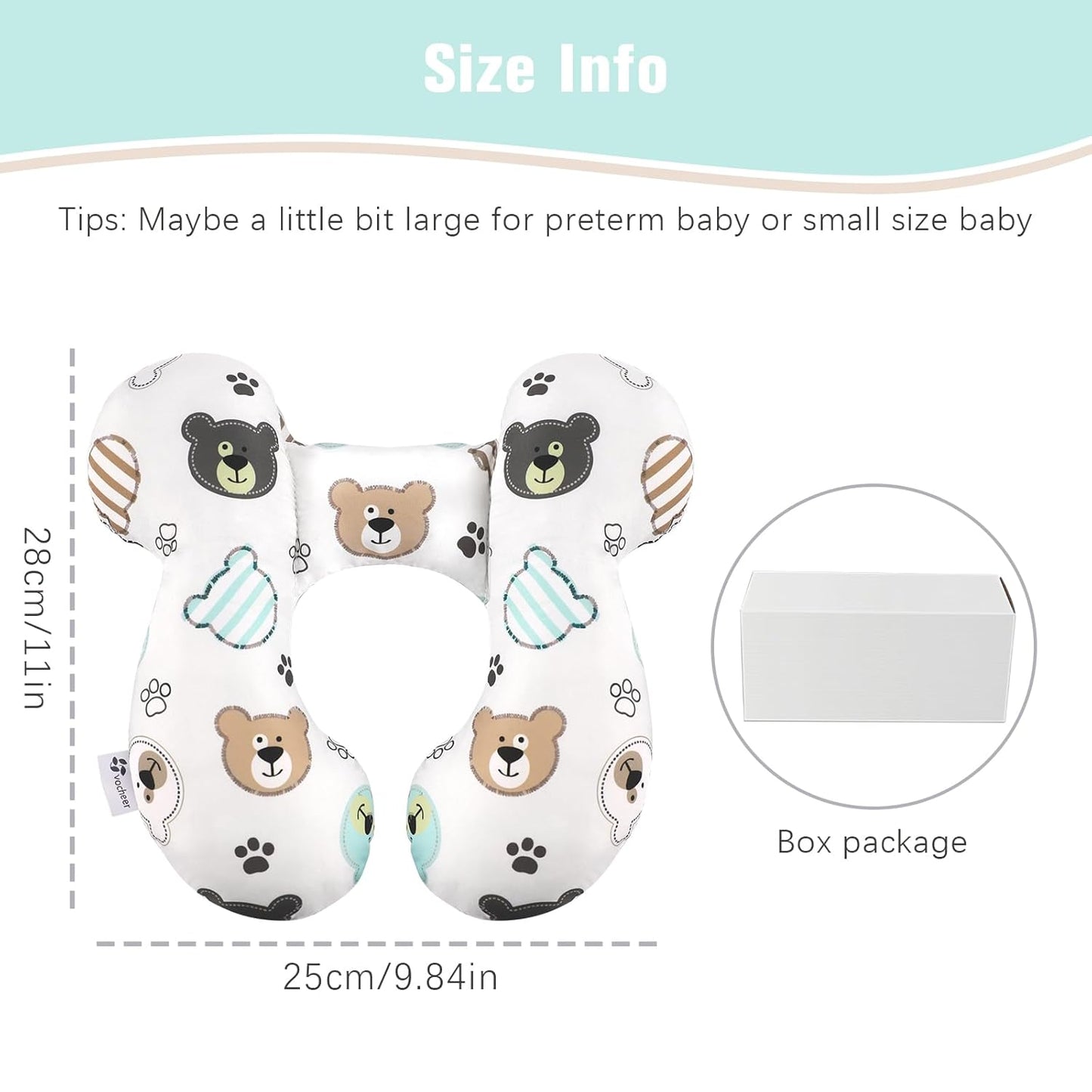 vocheer Baby Travel Pillow(Upgraded), Head and Neck Support Pillow for Pushchair, Car Seat,Stroller, Bouncer, Cotton(Bear)