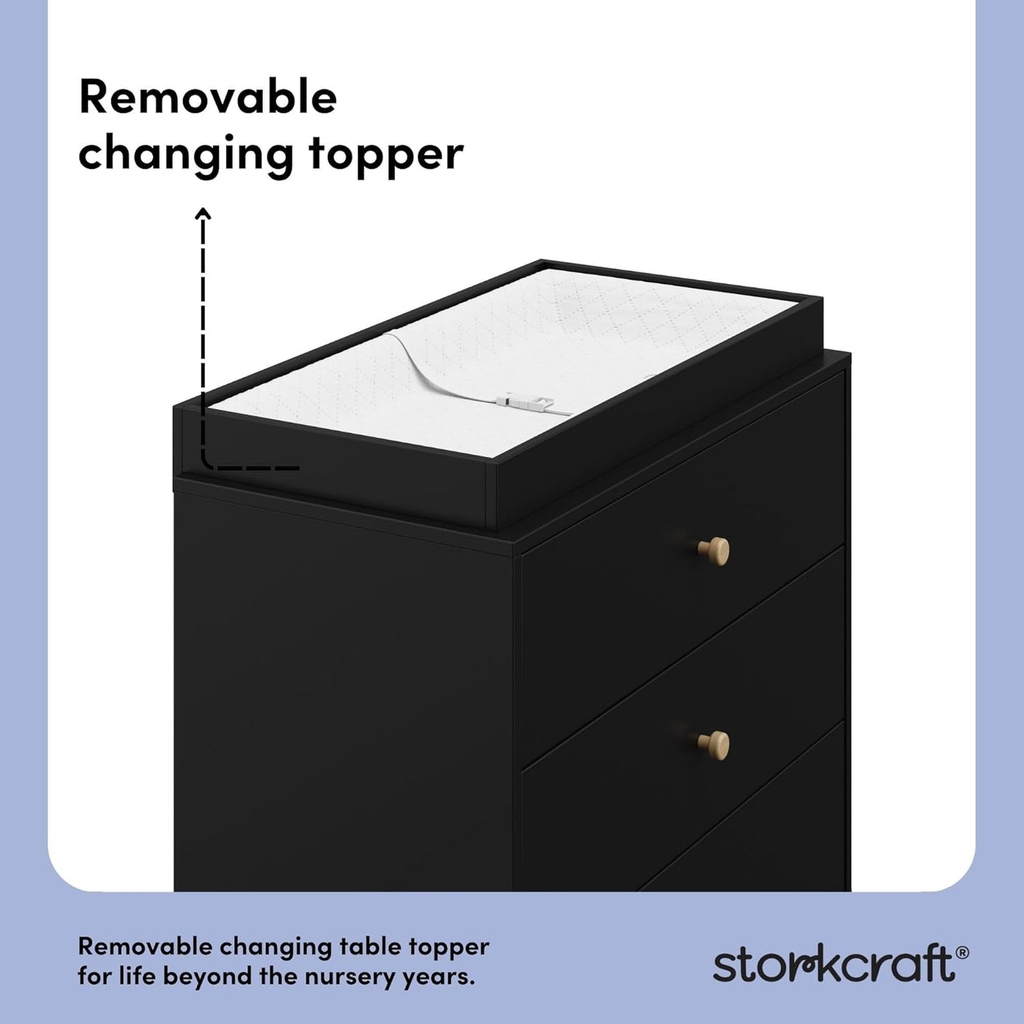 Storkcraft California 3-Drawer Chest with Removable Changing Topper (Black with Driftwood) – GREENGUARD Gold Certified, Interlocking Drawer System, Pre-Installed Tracks, Easy Assembly