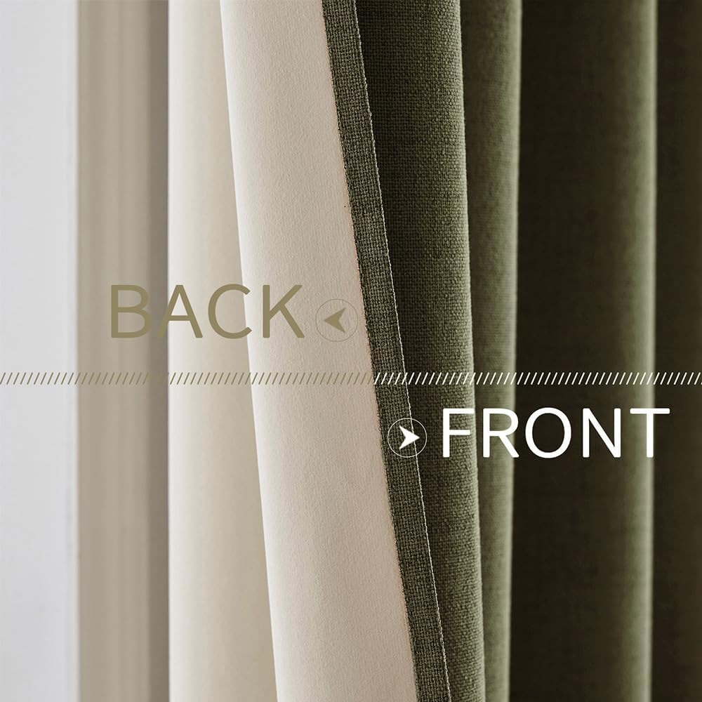 MIULEE Linen Texture Curtains for Bedroom Solid 100% Blackout Thermal Insulated Light Olive Green Curtains Grommet Room Darkening Drapes for Living Room Nursery 52x45 Inch (2 Panels)