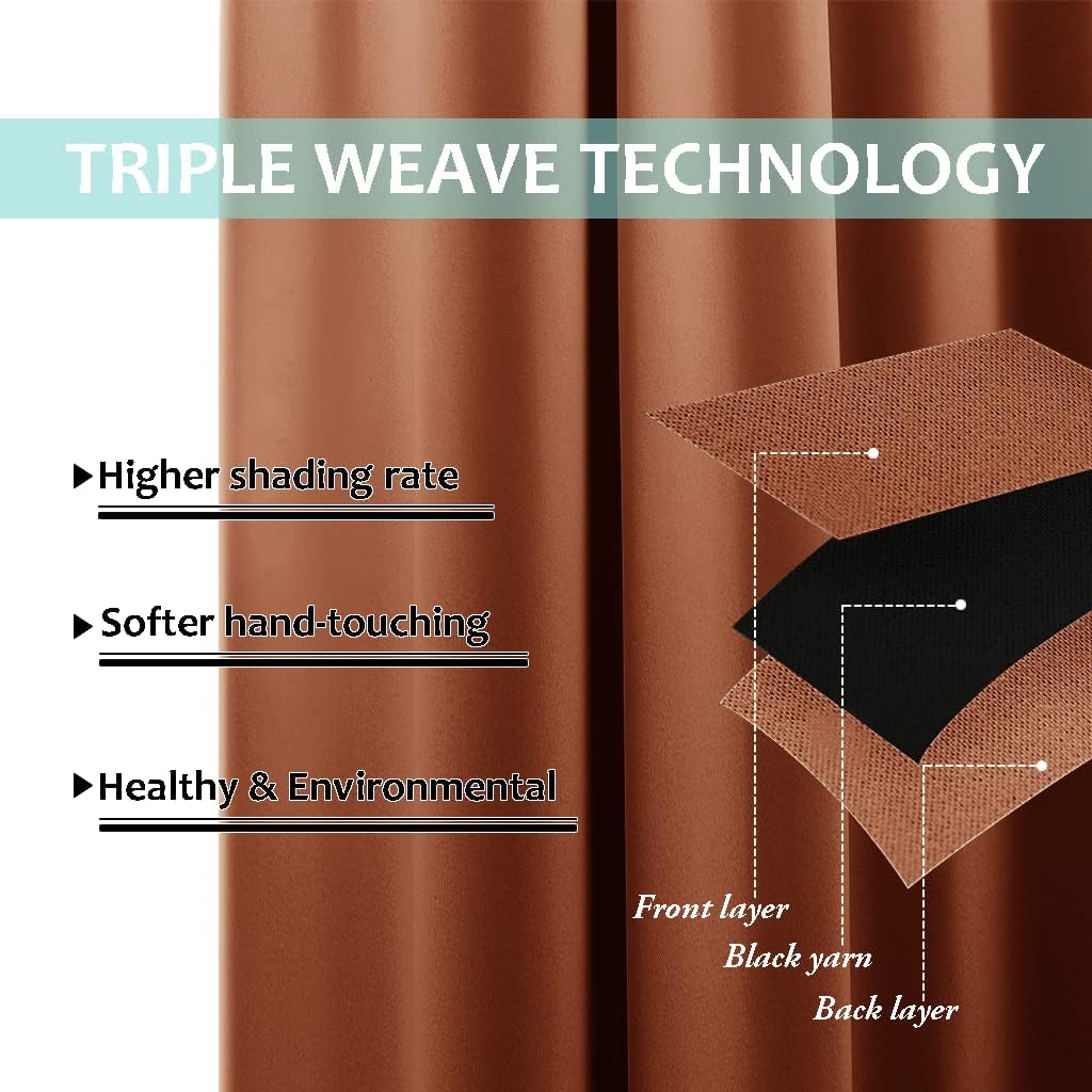 NICETOWN 100% Blackout Short Curtains with Black Liners, 2 Panels, 37" W by 60" L, Burnt Orange, Solid Thermal Insulated Full Blackout 2-Layer Lined Drapes, Energy Efficiency Window Drapes for Bedroom