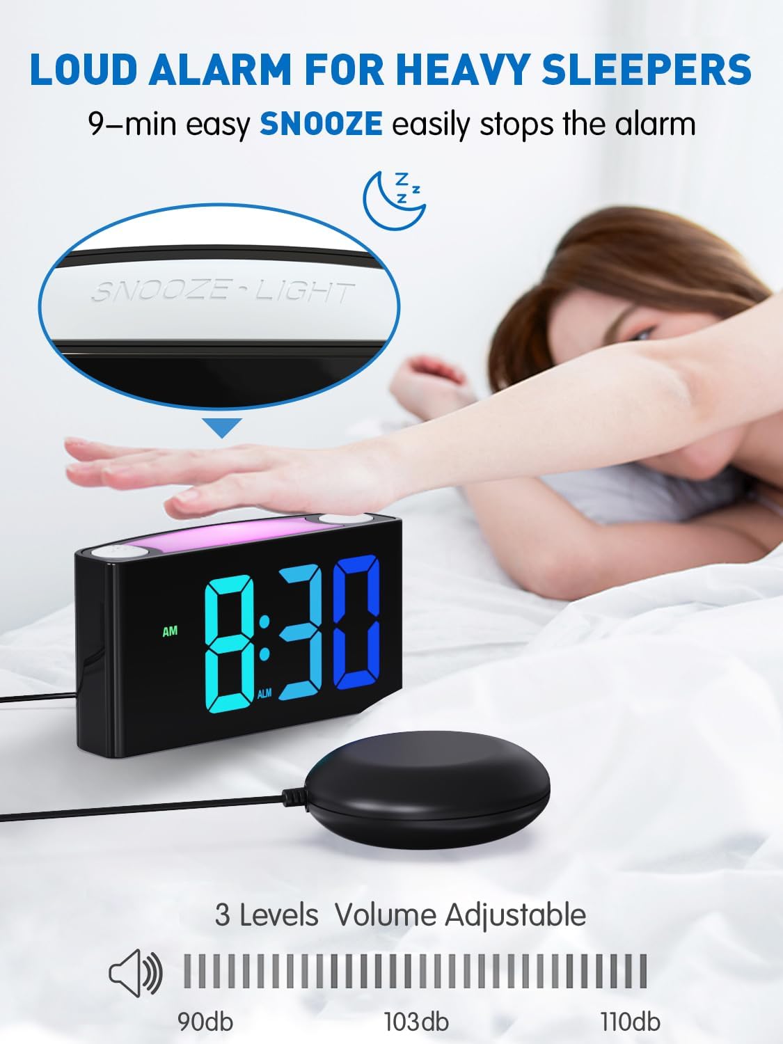 PPLEE RGB Vibrating Alarm Clock for Bedroom-Digital Clock with Bed Shaker,Super Loud Alarm Clock for Heavy Sleeper Hearing Impaired Deaf,Large Big Numbers for Senior,USB&Type-C,Dimmable,Battery Backup