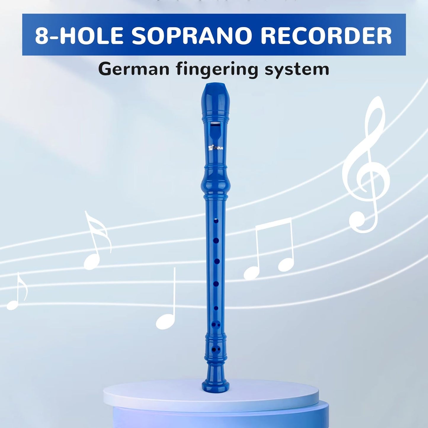 SWAN Soprano Recorder Instrument for Beginners Student - German Fingering 8 Hole Flute Detachable 3pcs Descant Recorder with Cleaning Rod and Fingering Chart for Kids over 6 Years Old, Royalblue