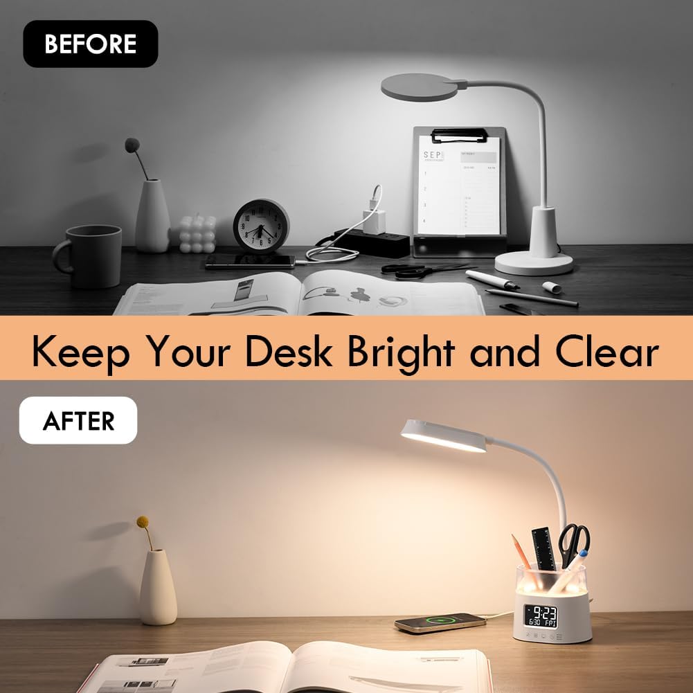 WILIT LED Desk Lamps for Home Office with Pen Holder, Table Lamp for Bedroom with USB Charging Port & Clock, RGB Night Light, Study Lamp for Kids Student, Desk Lamp for College Dorm Room Essentials