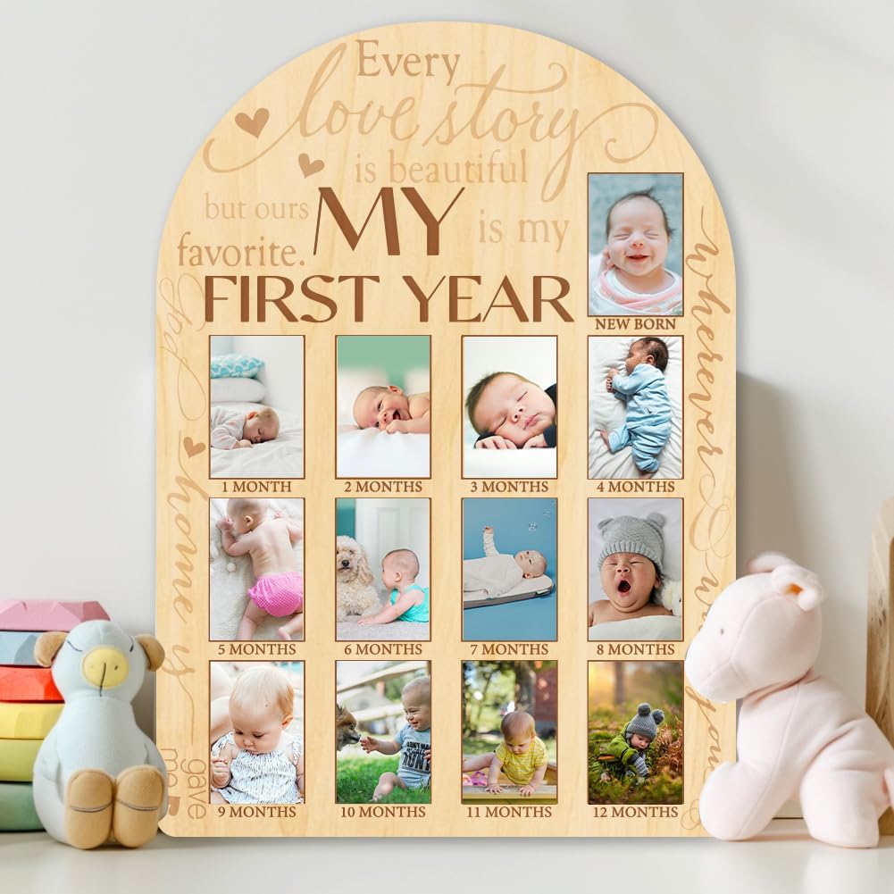 ORIGACH My First Year Baby Growth Photo Display Wood Board - 12 Months Newborn Milestones Photo Board - Neutral Baby Keepsake Board 1st Birthday Party Nursery Decor New Mom Gift - Sentiment Words