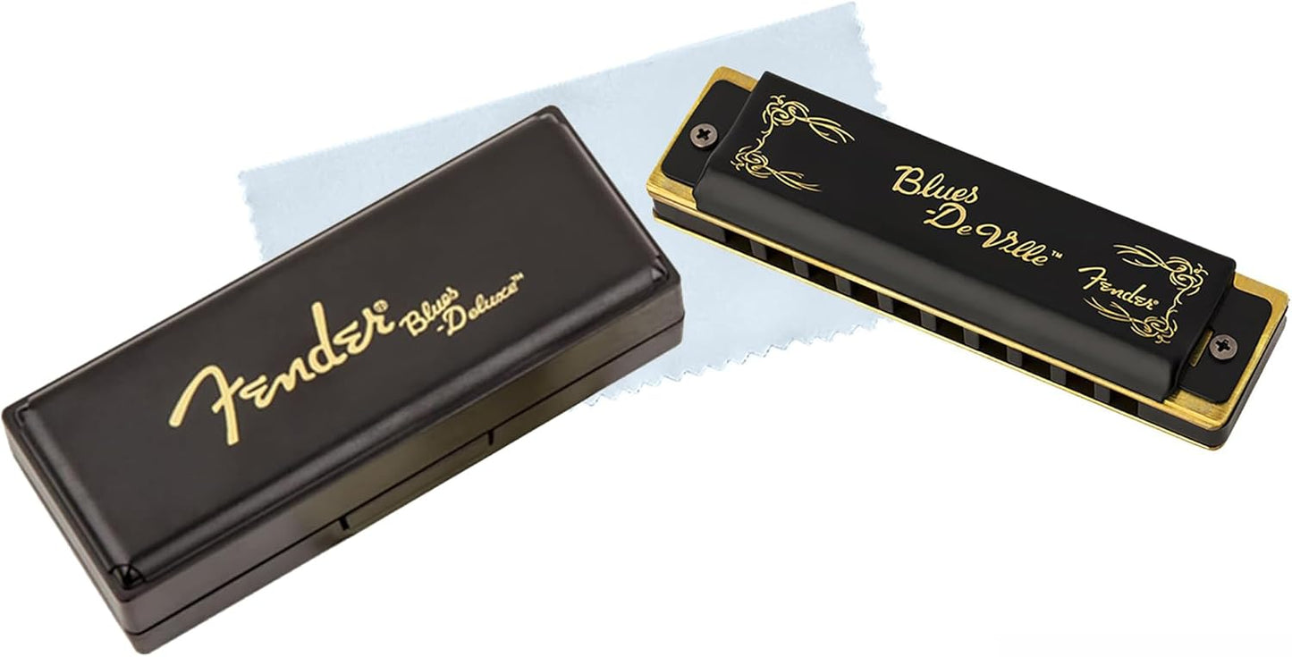 Fender Blues DeVille Harmonica - Key of F Bundle with Carrying Case, Austin Bazaar Online Manual, and Polishing Cloth