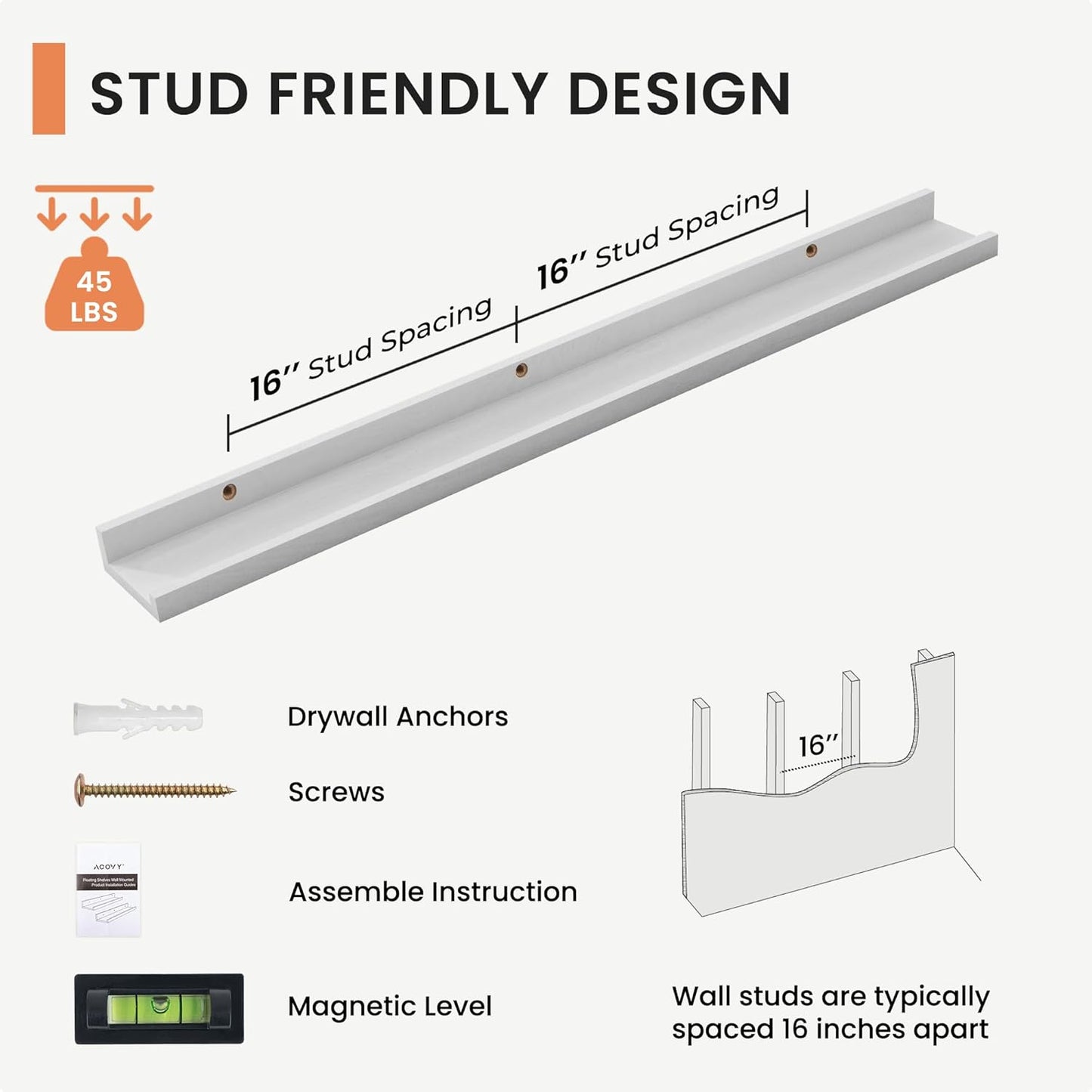 Solid Ash Wood Picture Ledge Shelf, Wood Floating Shelves Set of 2, 48 Inch Long Large Photo Ledge Shelves, Nursery Book Shelves Wall Mounted for Living Room Kids' Bedroom Decor, White