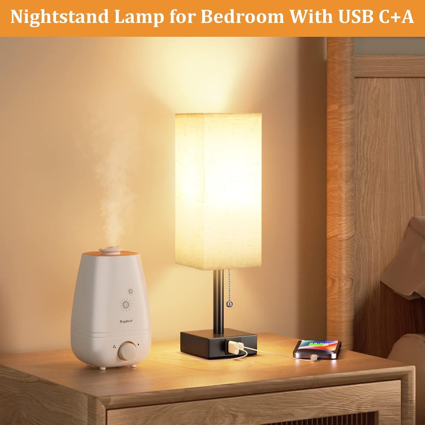 Bedside Table Lamp with 3 Color Temperatures - 3000/4000/5000K Small Lamp with USB C+A Ports, Nightstand Lamp with 3 Color Modes by Pull Chain, Bedroom Lamp for Living Read Work(LED Bulb Included)