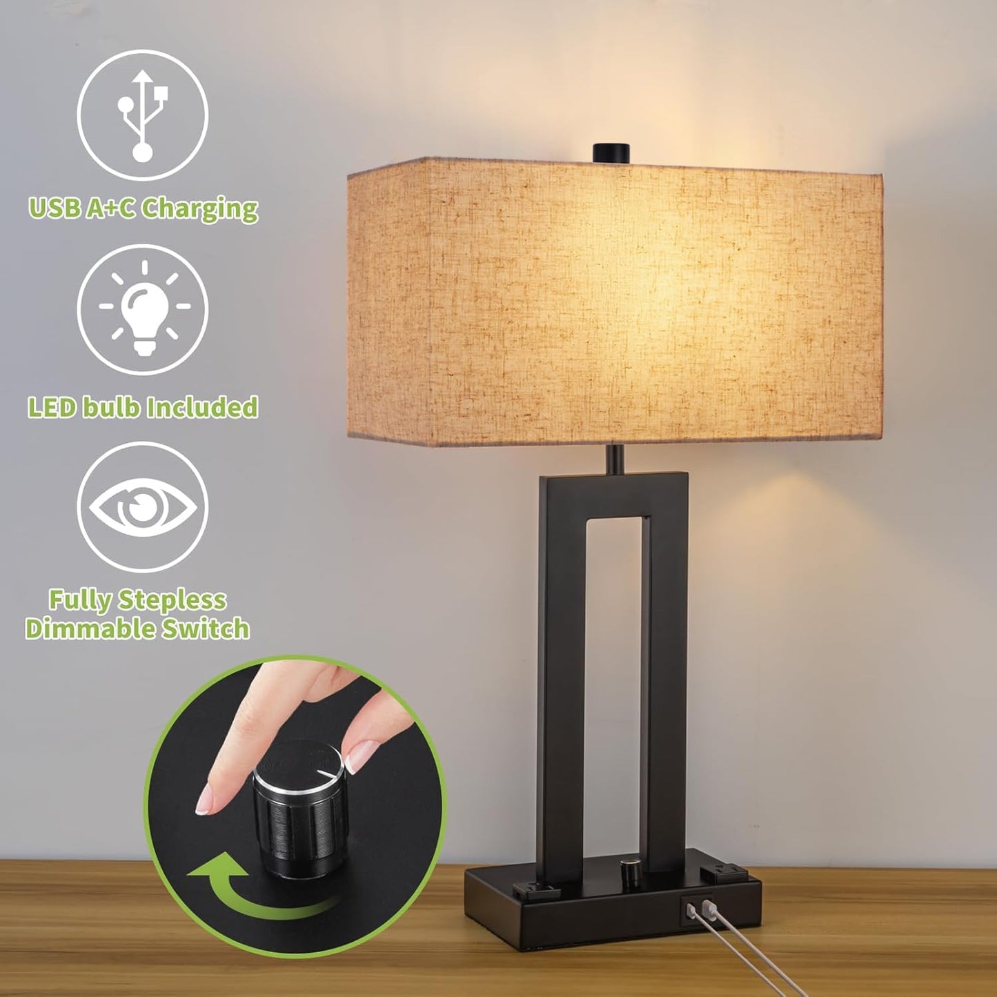 Modern Table Lamps Set of 2-22" Tall Bedside Lamps with USB-C/USB-A Charge Ports & Outlet, Stepless Dimmable Fabric Cream Shade Nightstand Lamps for Bedroom & Living Room