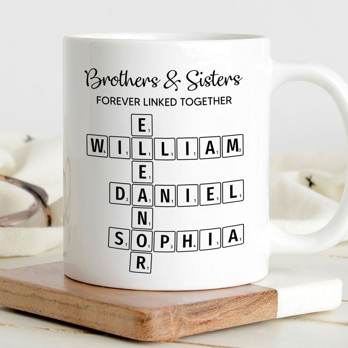 Family Forever Linked Together Custom Names Ceramic Mug, Crossword Puzzle Art, for Birthday, Anniversary or Special Occasions (Brothers & Sisters Forever Linked Together White Mug Ver 1)