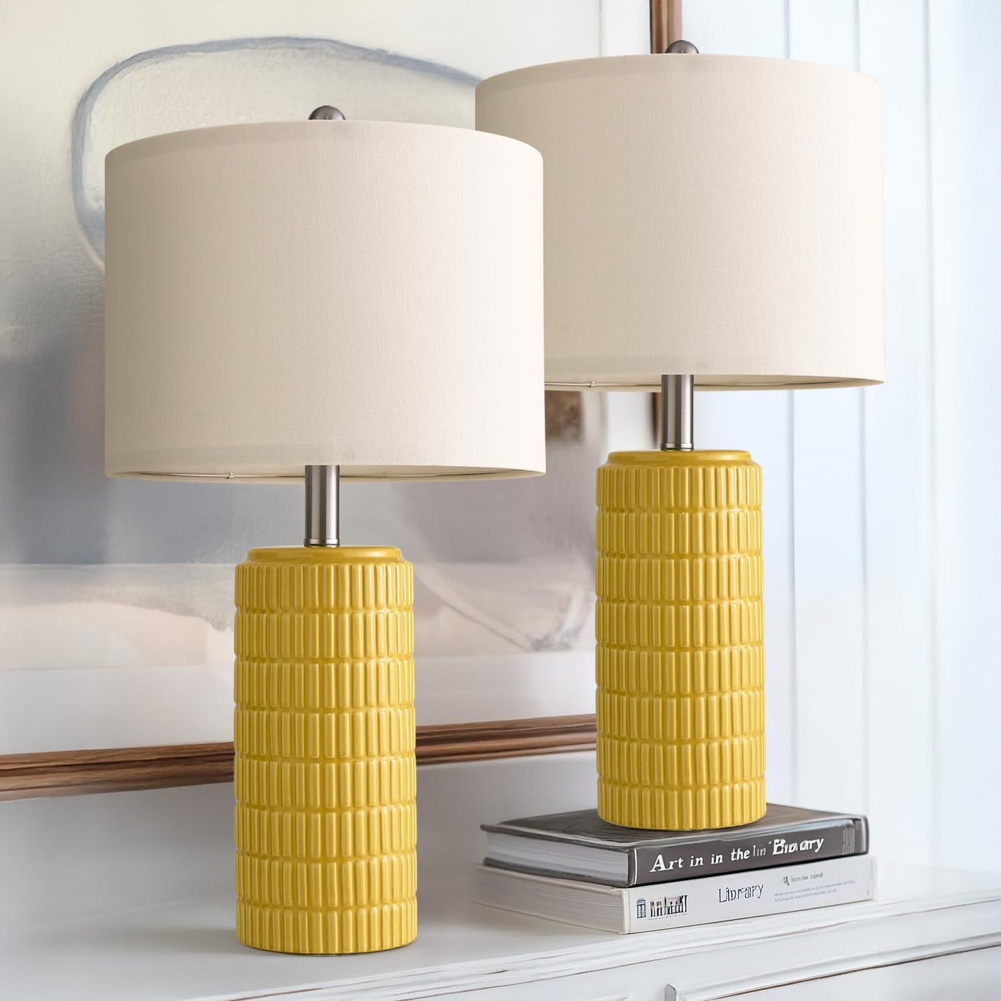 PoKat 23" Yellow Table Lamps Set of 2, Modern Living Room End Table Lamps Decor, Ceramic Lamps for Living Room, Contemporary Nightstand Lamps for Side Console Table Hallway Gift