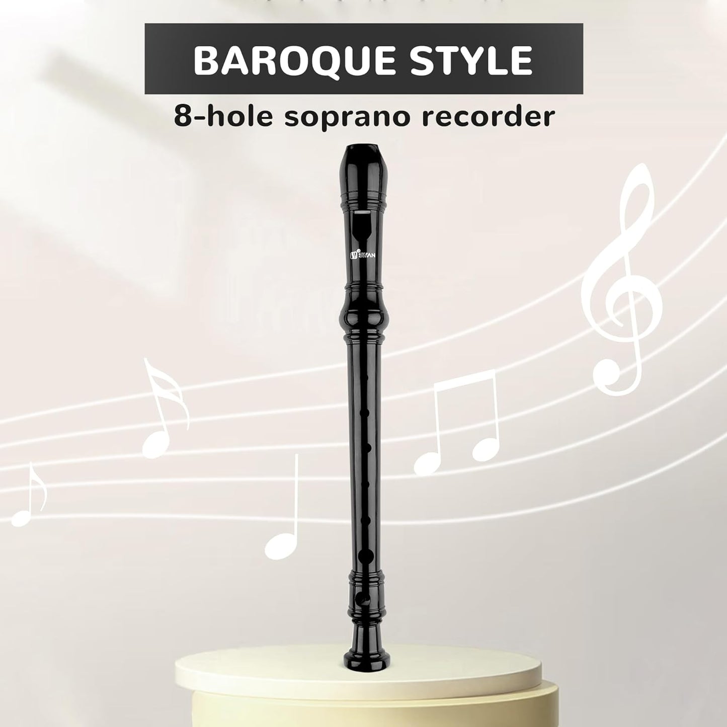SWAN Soprano Recorder Instrument for Beginners Student - Baroque Style 8 Hole Flute Detachable 3pcs Descant Recorder with Cleaning Rod and Fingering Chart for Kids over 6 Years Old, Black