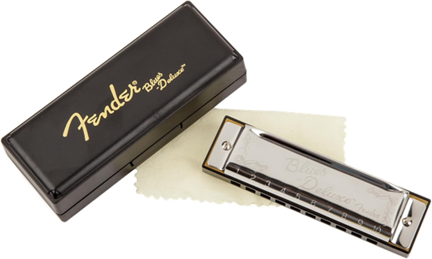 Fender Blues Deluxe Harmonica - Key of A Bundle with Carrying Case, Austin Bazaar Online Manual, and Polishing Cloth