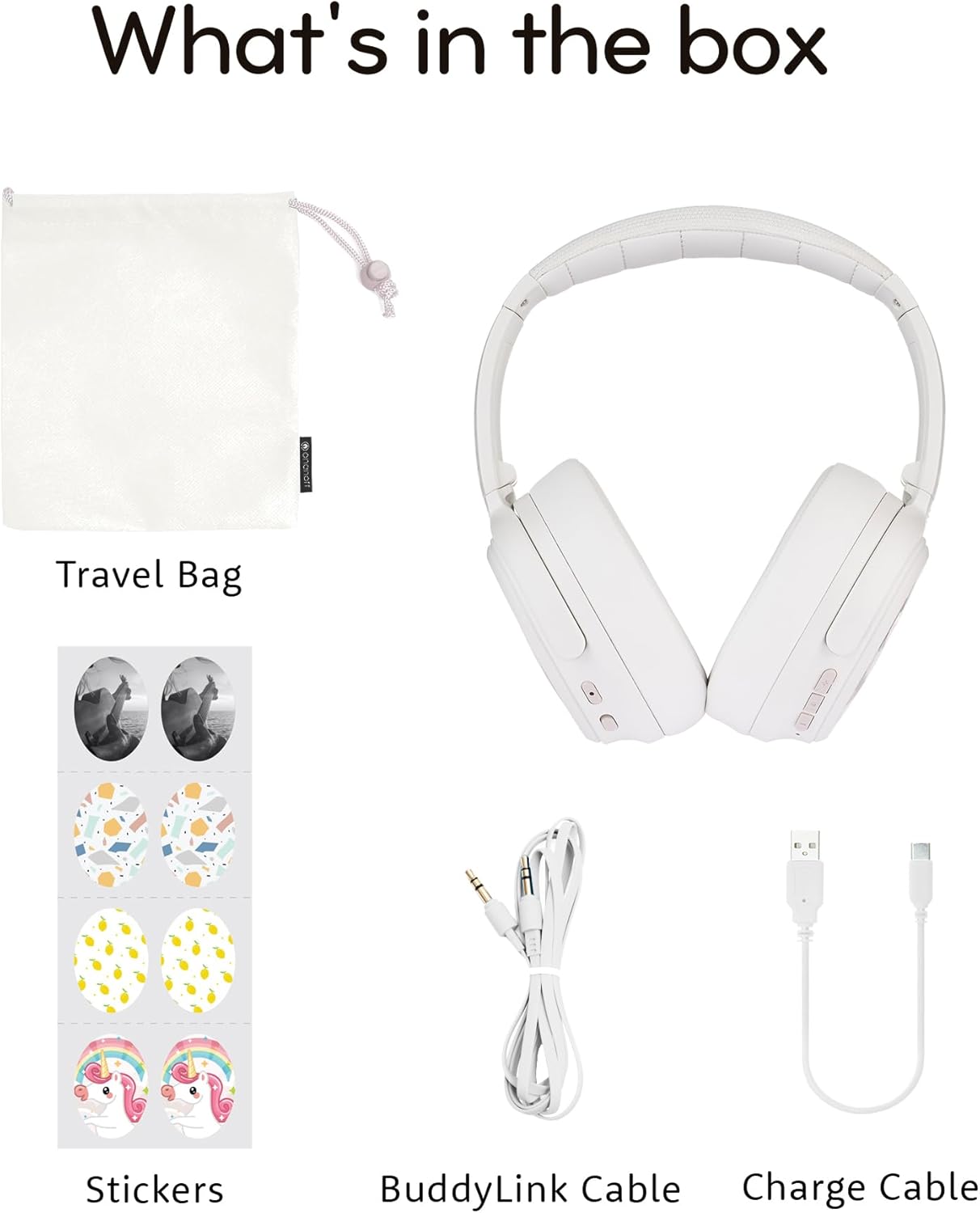 BuddyPhones Cosmos Fun | Wired or Wireless Foldable ANC Bluetooth Headphones + Microphone - SafeAudio Volume-Limiting Options, for Toddlers to Young Adults (White)