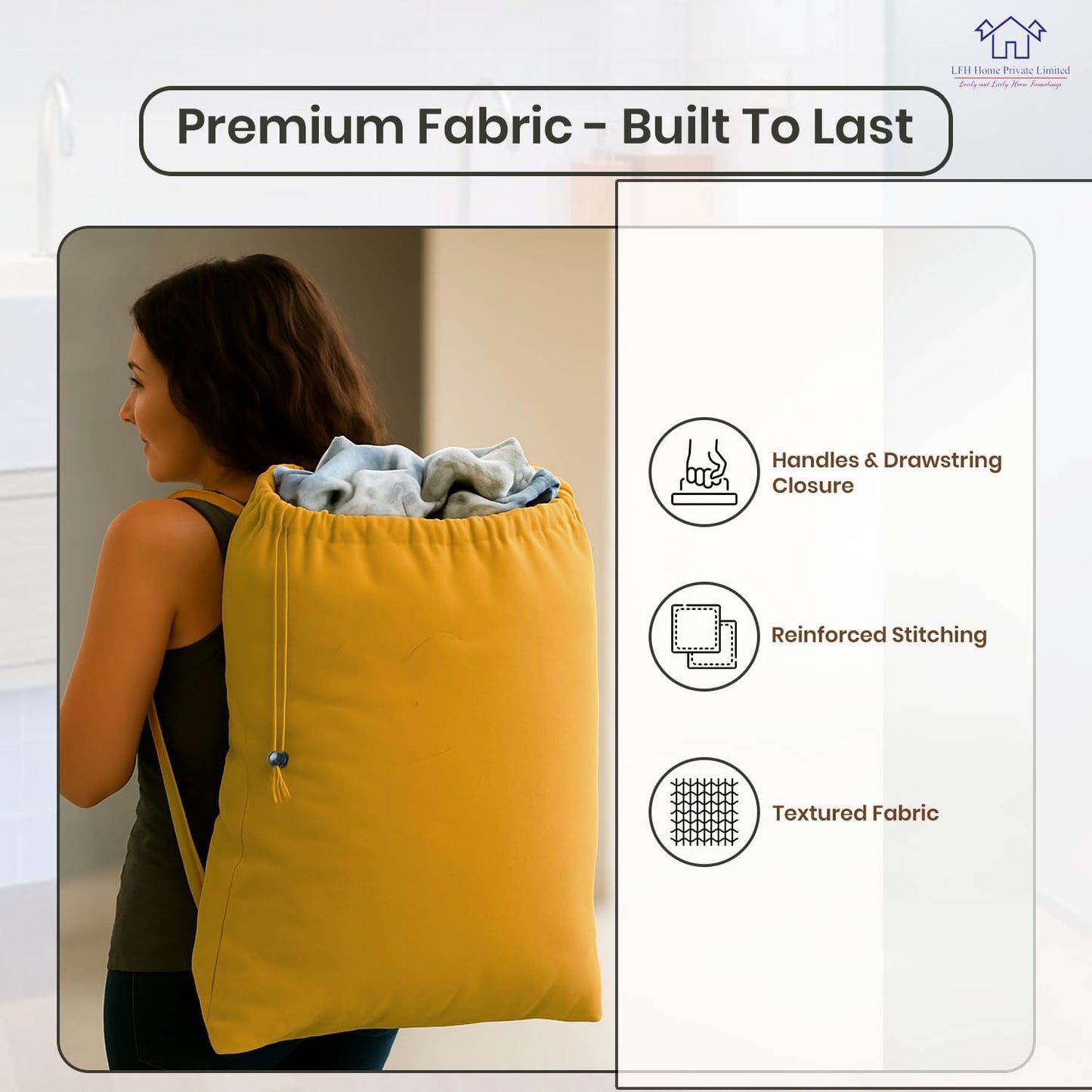 LFH Home Cotton Canvas Large Laundry Bag with Handle, Heavy Duty Drawstring Closure Washable Laundry Bags, School Travel, Home, Hotel, College Dorm, Organizer Sack, Toys Clothes 24x36-Yellow