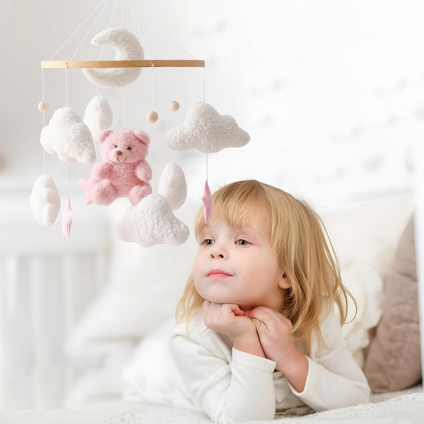 EERKEOD Baby Crib Mobile Bear Nursery Mobile for Boys Girls Teddy Velvet Mobile Nursery Decor for Infant Bedroom Hanging Baby Mobile for Bassinet Newborn Baby Gift(Pink Bear)