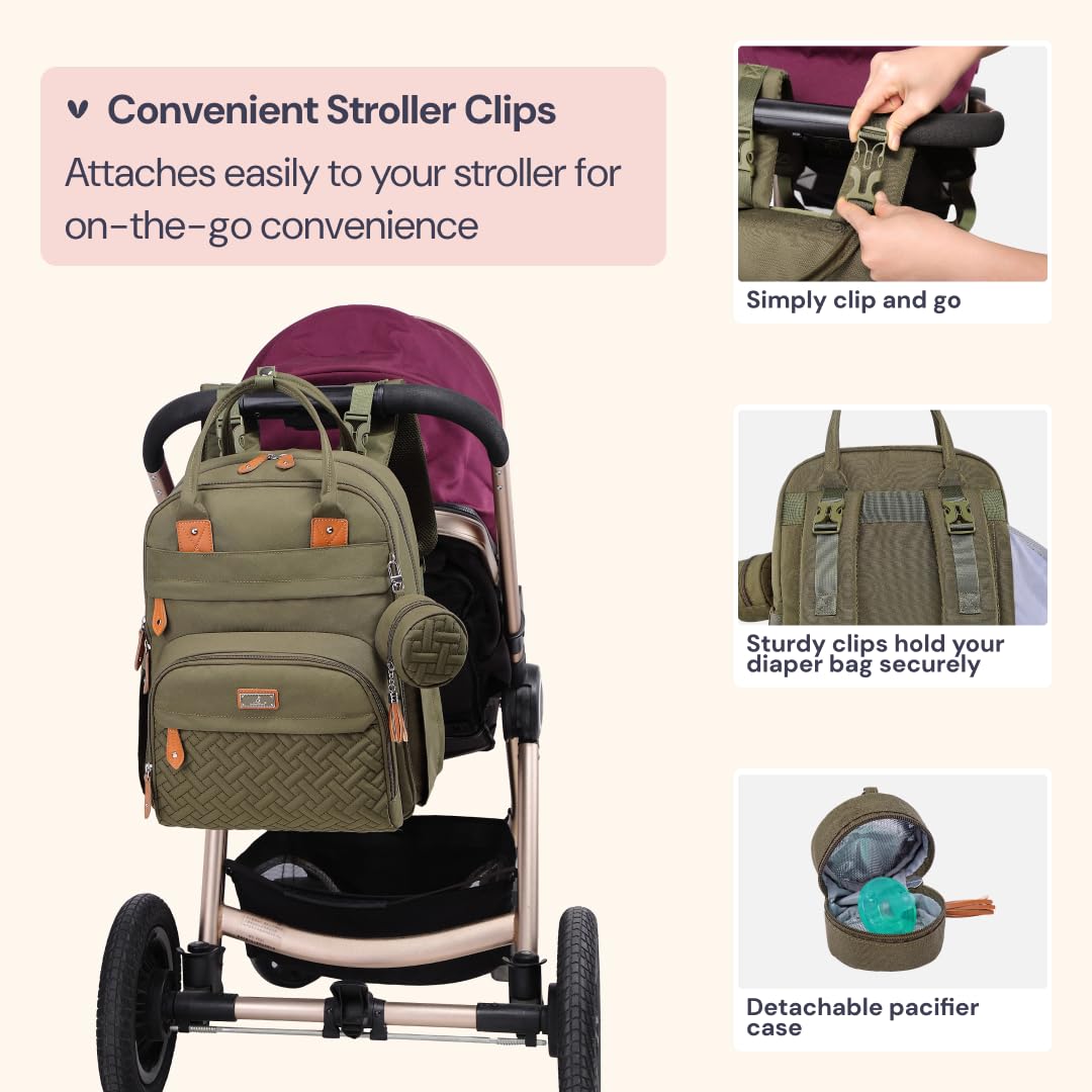 BabbleRoo Diaper Bag Backpack - Baby Essentials Travel Tote - Multi Function Waterproof Diaper Bag, Travel Essentials Baby Bag with Changing Pad, Stroller Straps & Pacifier Case - Unisex, Army Green