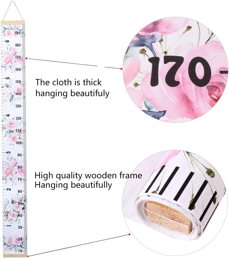 Kids Growth Chart, Wood Frame Fabric Canvas Height Measurement Ruler from Baby to Adult for Child's Room Decoration 7.9 x 79in (7.9 x 79in, Flowers)