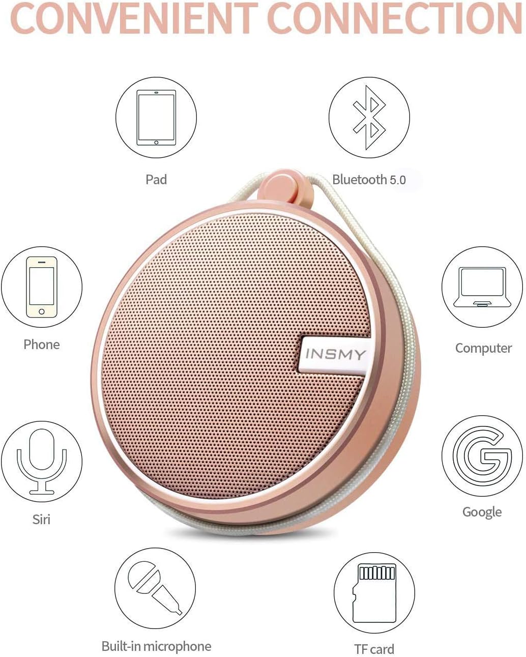 INSMY C12 IPX7 Waterproof Shower Bluetooth Speaker, Portable Small Speaker, Speakers Bluetooth Wireless Loud Clear Sound Support TF Card Suction Cup for Outdoor Kayak Canoe Beach Gift (Cashmere Pink)
