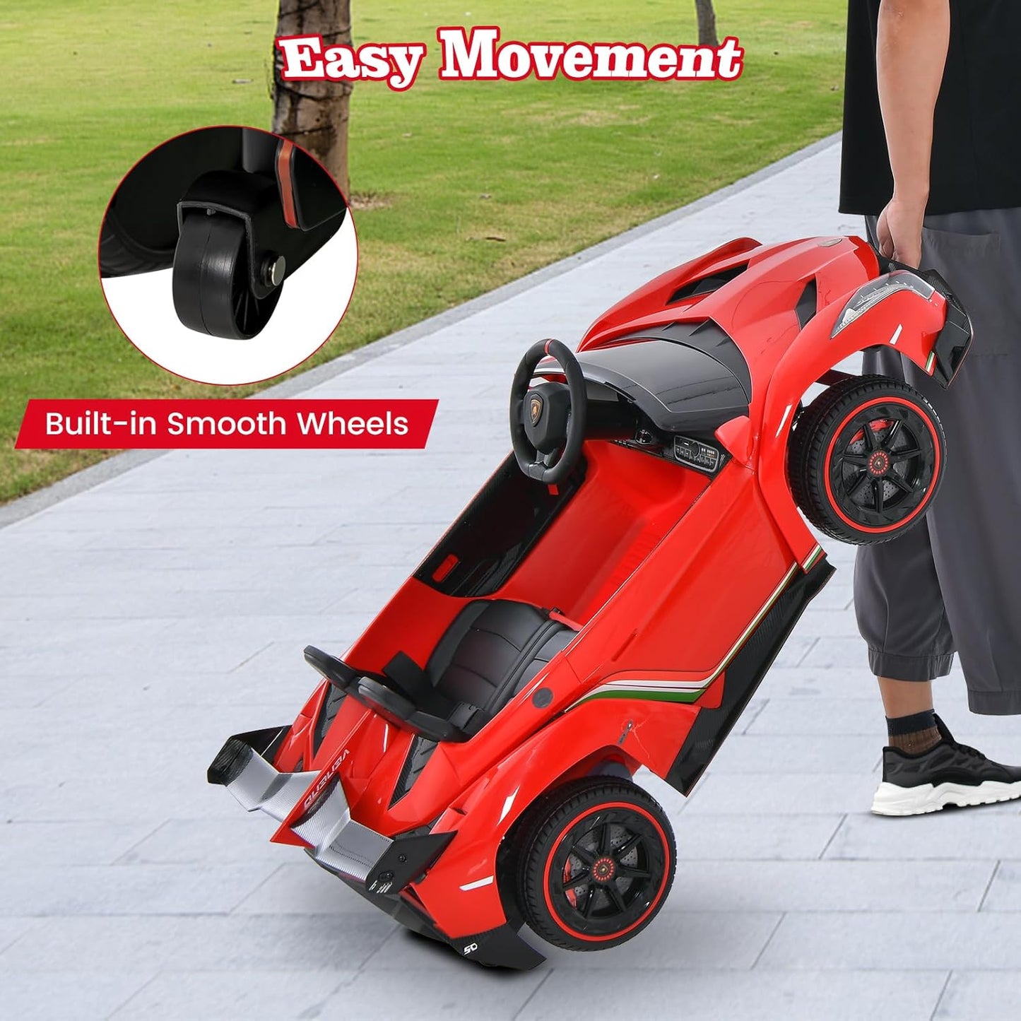 Costzon Ride on Car, Lamborghini Licensed 12V Battery Powered 4WD Sports Car with Remote Control, 3 Speeds, Hydraulic Doors, LED Lights, Towing Wheel, Horn, Music, Electric Vehicle for Kids Aged 3-8