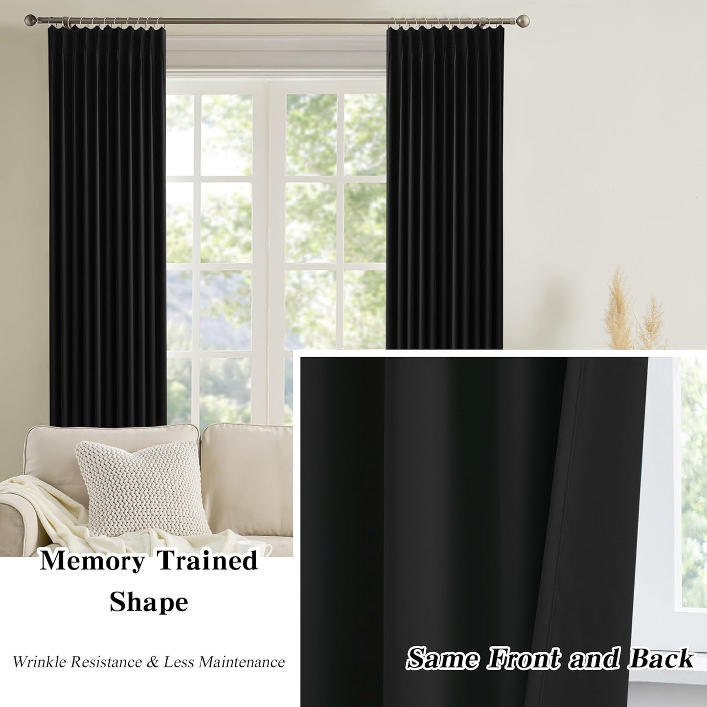 KEQIAOSUOCAI 72 Inch Wide Black Pinch Pleated Curtains 72 x 90, Thermal Insulated Noise Cancelling Living Room Office Drapes 90 Inches Long, Patio Sliding Glass Door Window Curtain 2 Panels