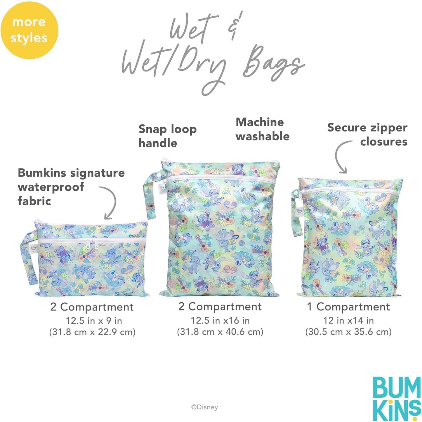 Bumkins - Disney - Waterproof Wet Bag - For Baby, Travel, Swim Suit, Cloth Diapers, Pump Parts, Pool, Gym, Toiletry, Strap to Stroller - Reusable & Easy to Clean - 2pk - Nightmare Before Christmas
