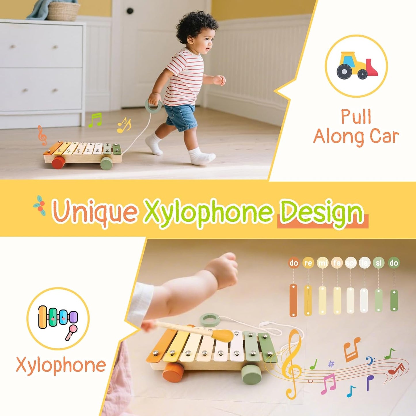 7pcs Musical Instruments Set - 18M+ Montessori Toys 2 3 4 Neutral Colors Wooden Toys for Toddlers 3-5 Percussion Instruments Modern Boho Xylophone Sensory Gifts Boys Girls