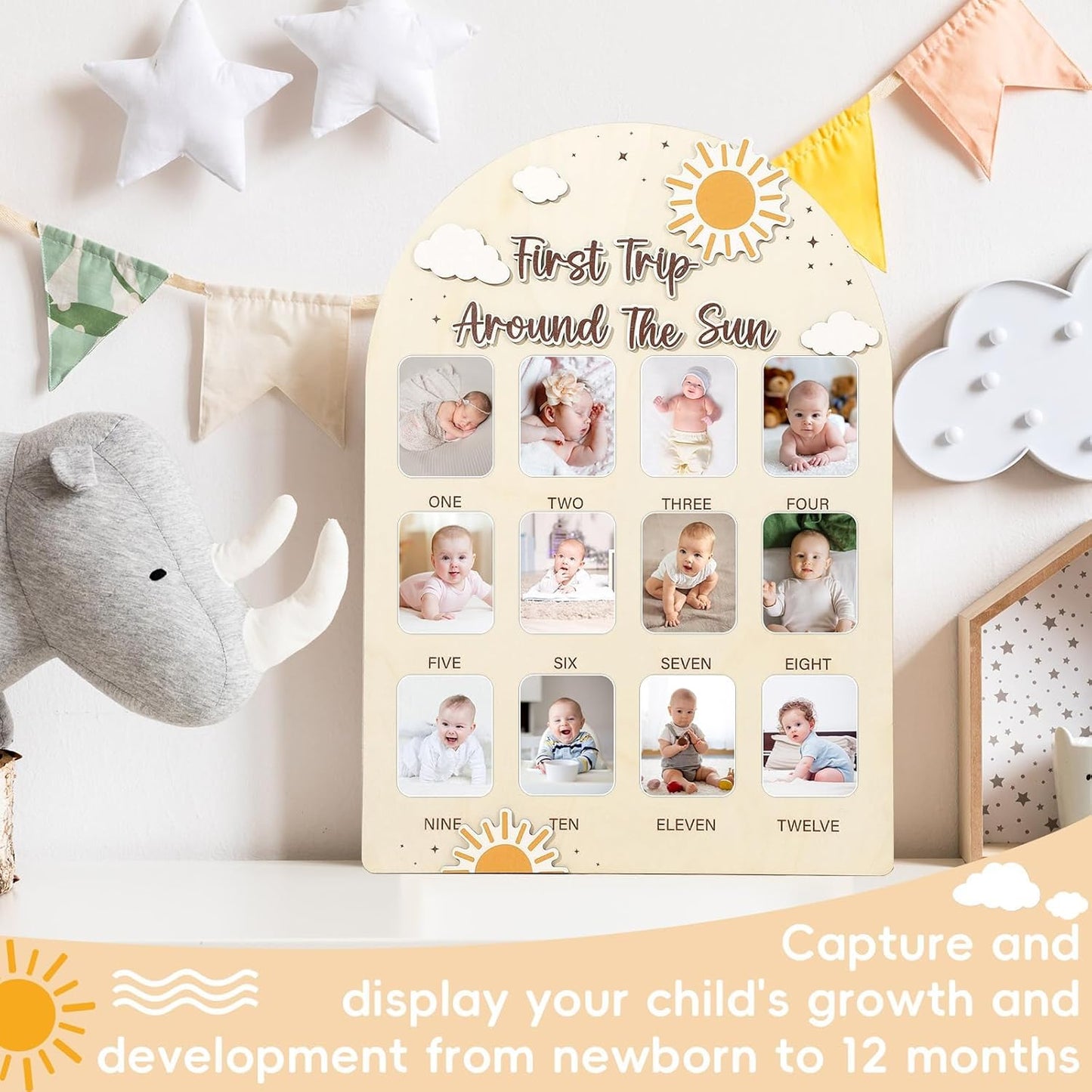 First Trip Around the Sun Photo Board Sunshine Birthday Party Wooden Board Decors 12 Monthly Milestone Picture Frame One Year Old Wood Sign 1st Birthday Photo Banner for Baby Keepsake Gift Supply