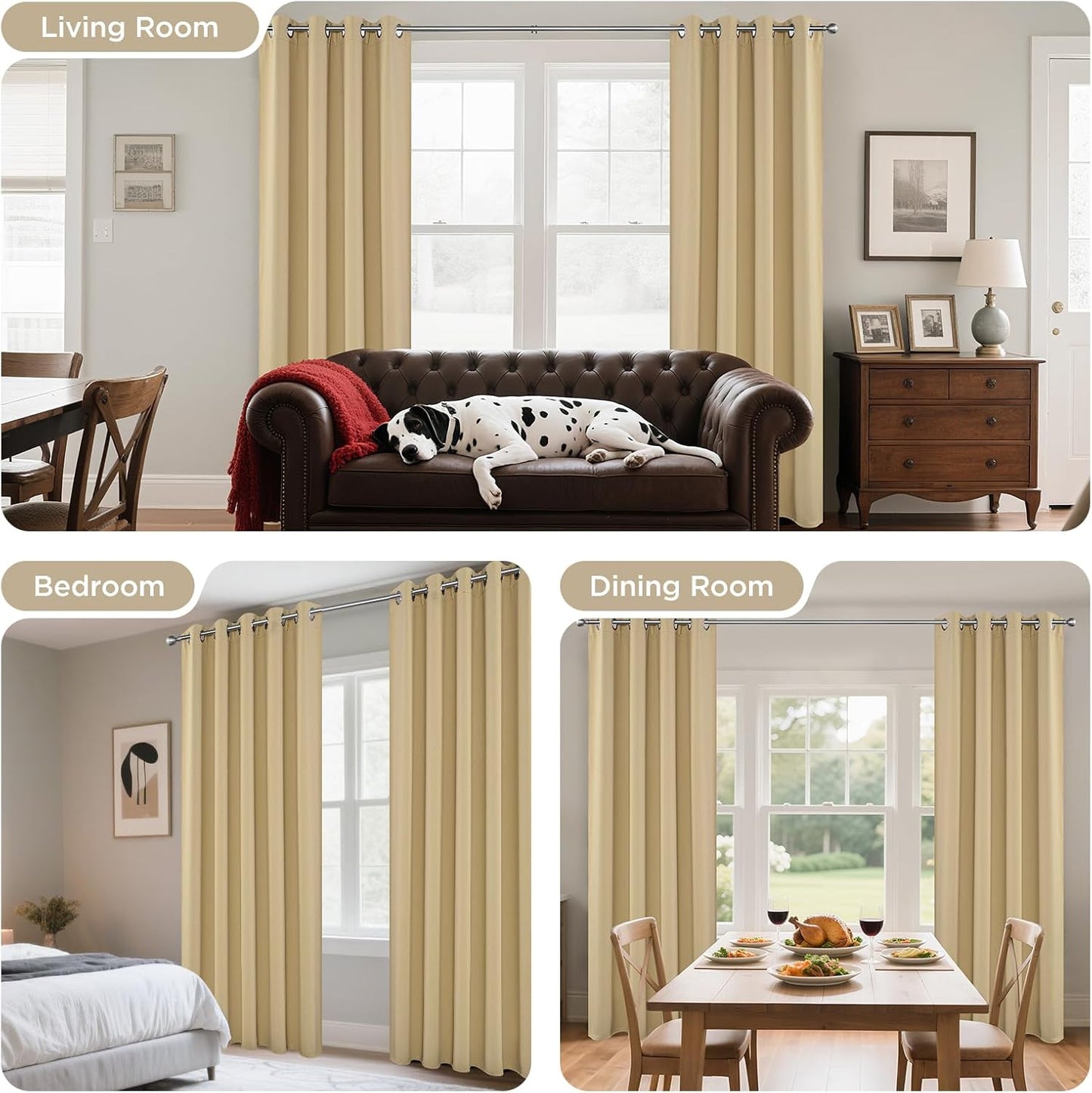 Joydeco Blackout Curtains 63 Inch Length 2 Panels Set, Thermal Insulated Long Curtains & Drapes 2 Burg, Room Darkening Grommet Drapes for Bedroom Living Room Windows (W42 x L63 Inch, Beige)