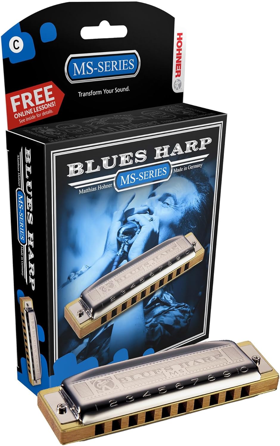 Hohner Harmonica 532 Blues Harp MS - Key of D Bundle with Case, Key Stickers, Harmonica Beginner Online Manual, and Austin Bazaar Polishing Cloth