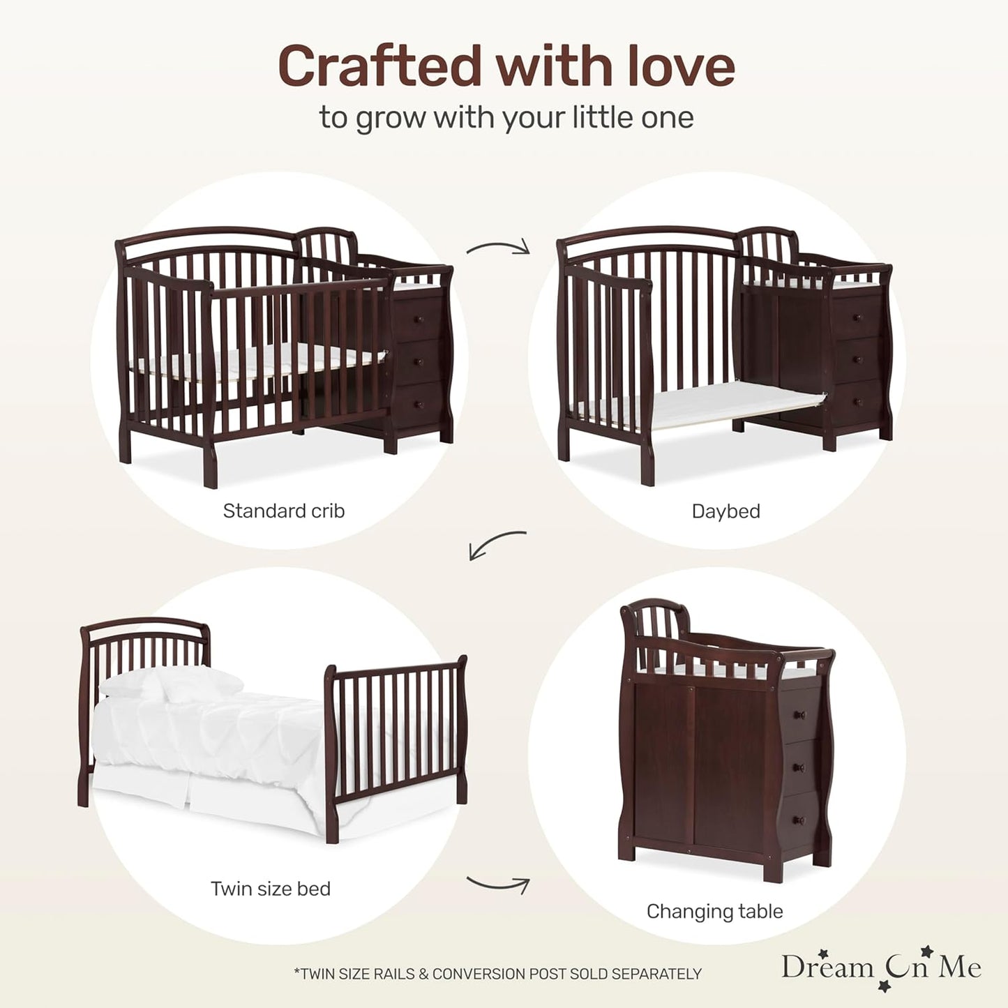 Dream On Me Casco 3-in-1 Mini Convertible Baby Crib & Changer with Storage in Espresso, Pinewood, GreenGuard Gold & JPMA, 1” Mattress Pad, 3 Mattress Heights, Converts to Mini Day & Twin-Size Bed