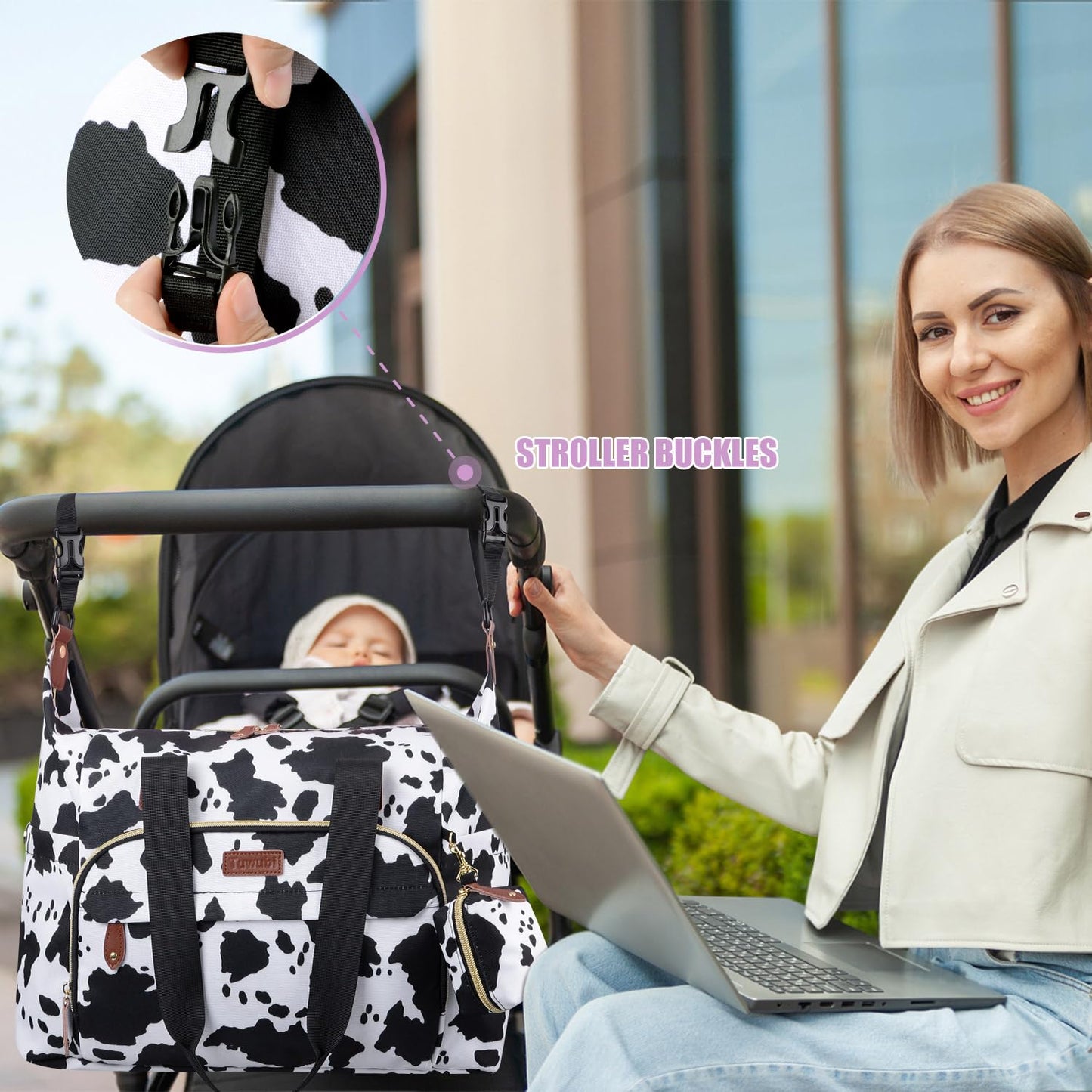 Tuwubi Diaper Bag Tote,Baby Diaper Bag with Pacifier Case Large Travel Diaper Tote Caddy for Mom and Dad Multifunction Large Baby Bag - M-Cow Print