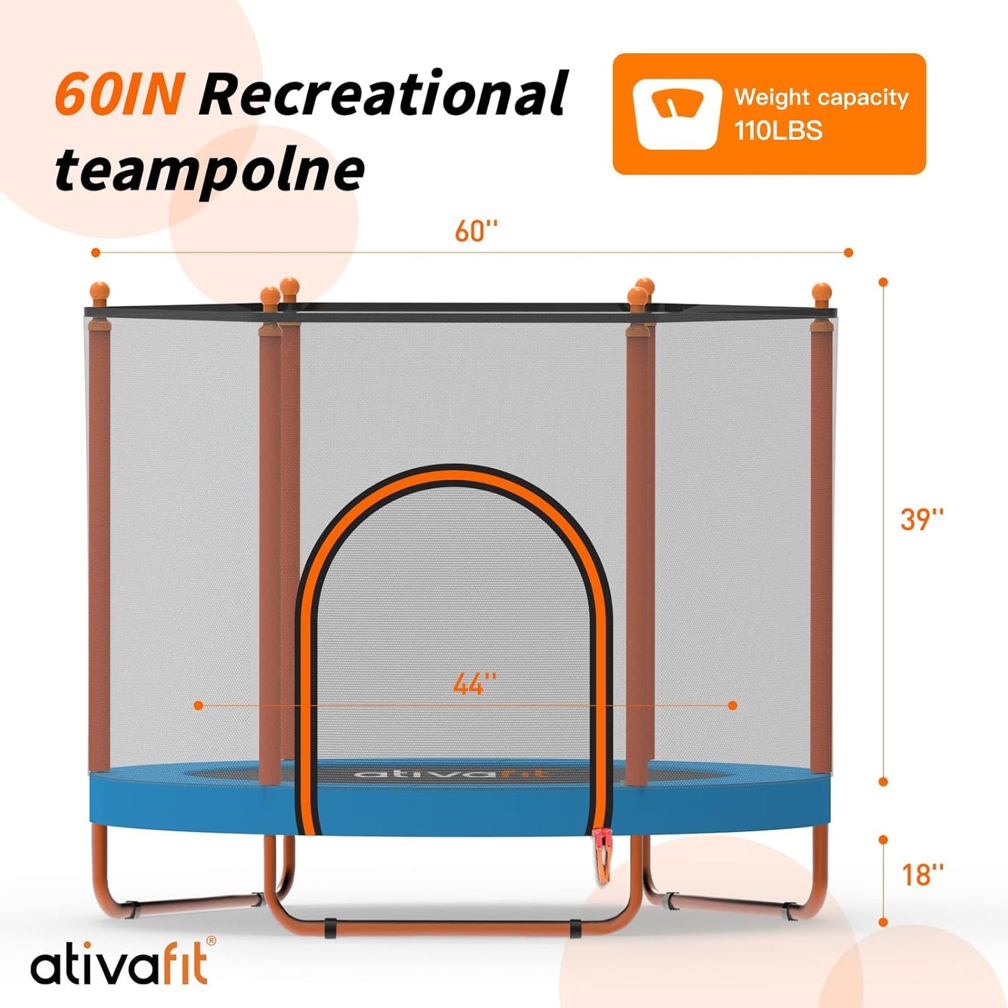 Ativafit 60'' Rebounder Trampoline Indoor Outdoor for Kids Ages 1-8, 5 FT Recreational Toddler Trampoline with Safety Enclosure Net Gifts with Basketball Hoop Dartboard Ocean Bal