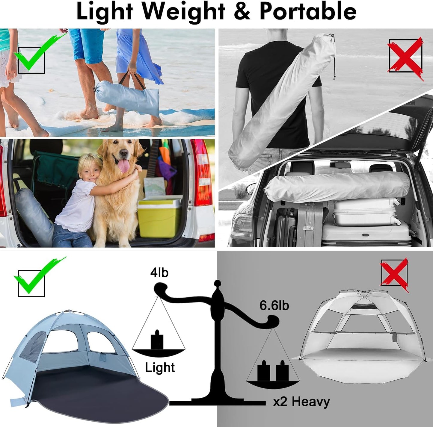 WhiteFang Beach Tent Anti-UV Portable Sun Shade Shelter for 3/4/6/8 Person, Extendable Floor with 3 Ventilating Mesh Windows Plus Carrying Bag, Stakes and Guy Lines