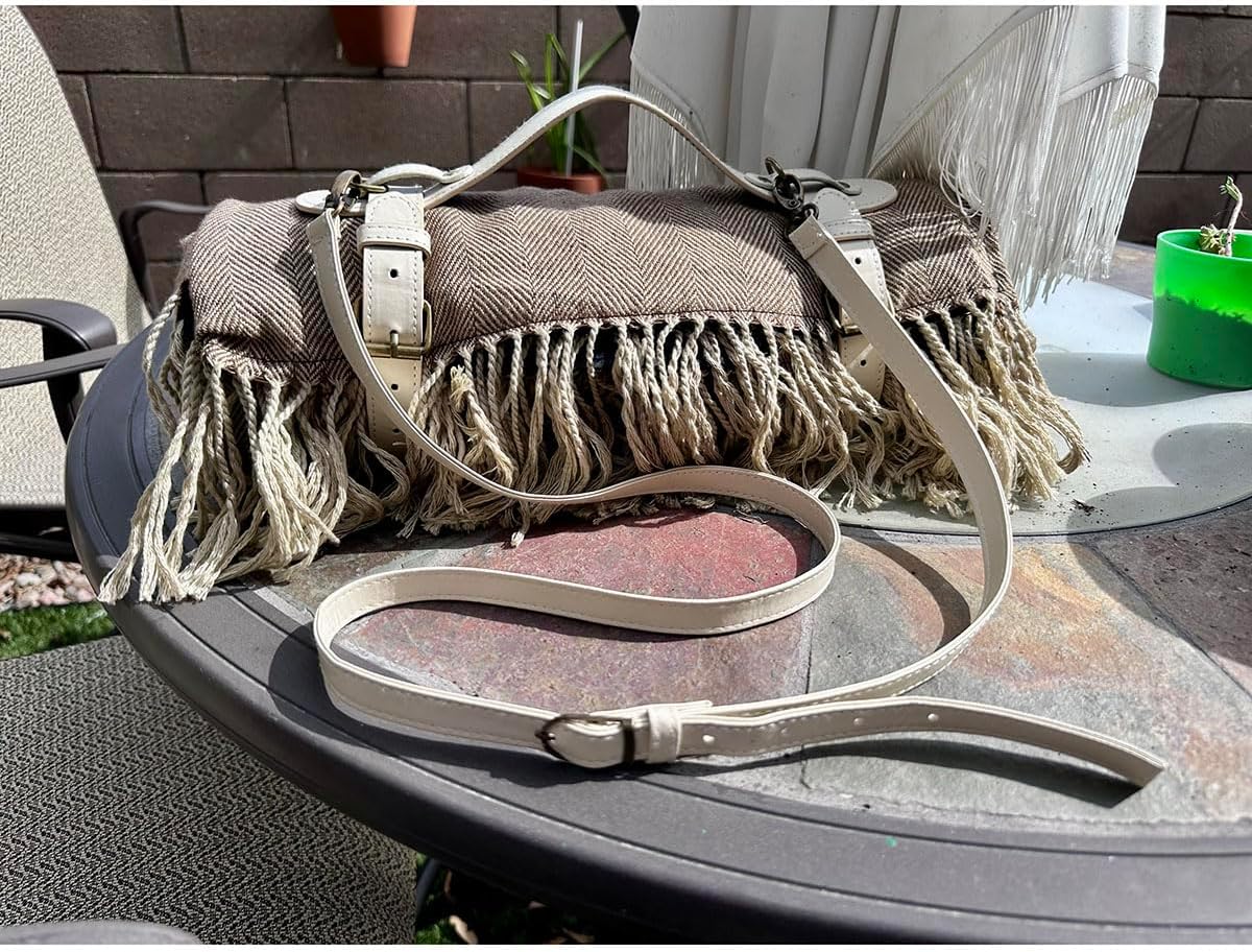 Picnic Blanket Extra Large Waterproof with Strap 59"x79" - Machine Washable Tassels Faux Wool Cashmere for Park, Grass, Camping, Hiking, Concerts (Deep Tan with white shoulder strap, 59"X79")