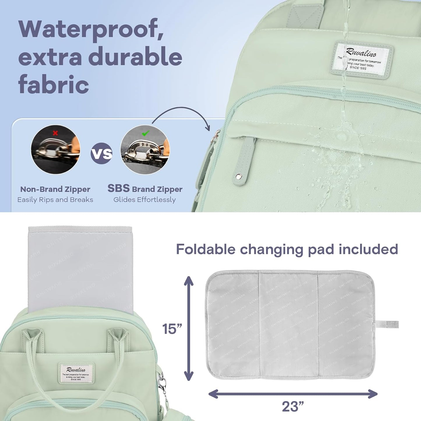RUVALINO Diaper Bag Backpack-Multifunction Baby Travel Bag with Changing pad, Insulated Bottle Holders & Pacifier Case, Large Capacity, Waterproof, Mint Green