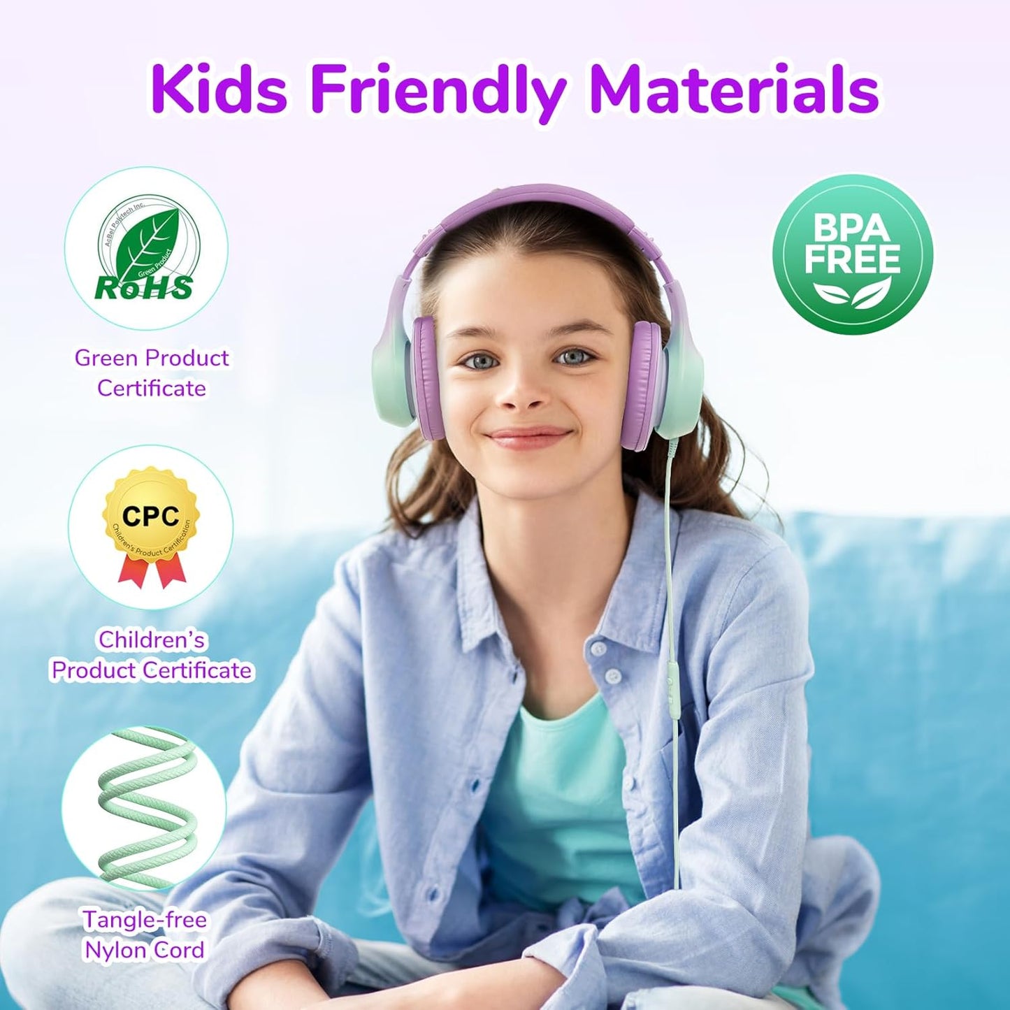 EarFun K3 Kids Headphones, Over Ear Headphones with Microphones, 85/94dB Volume Limit, HD Stereo Sound, Foldable Wired Headphone for School/Travel/Boys/Girls/Tablet/iPad (3.5mm Plug with Mic, Violet)