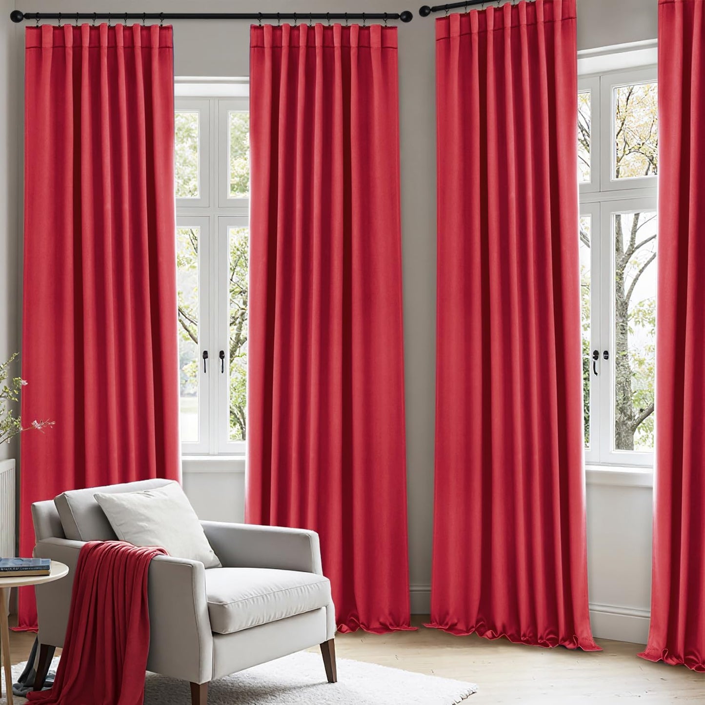 ANRODUO Back Tab Blackout Curtains for Bedroom Living Room, Rod Pocket Pinch Pleated Thermal Insulated Room Darkening Curtains 90 Inches Long 2 Panels, Red, 42 x 90 Inch