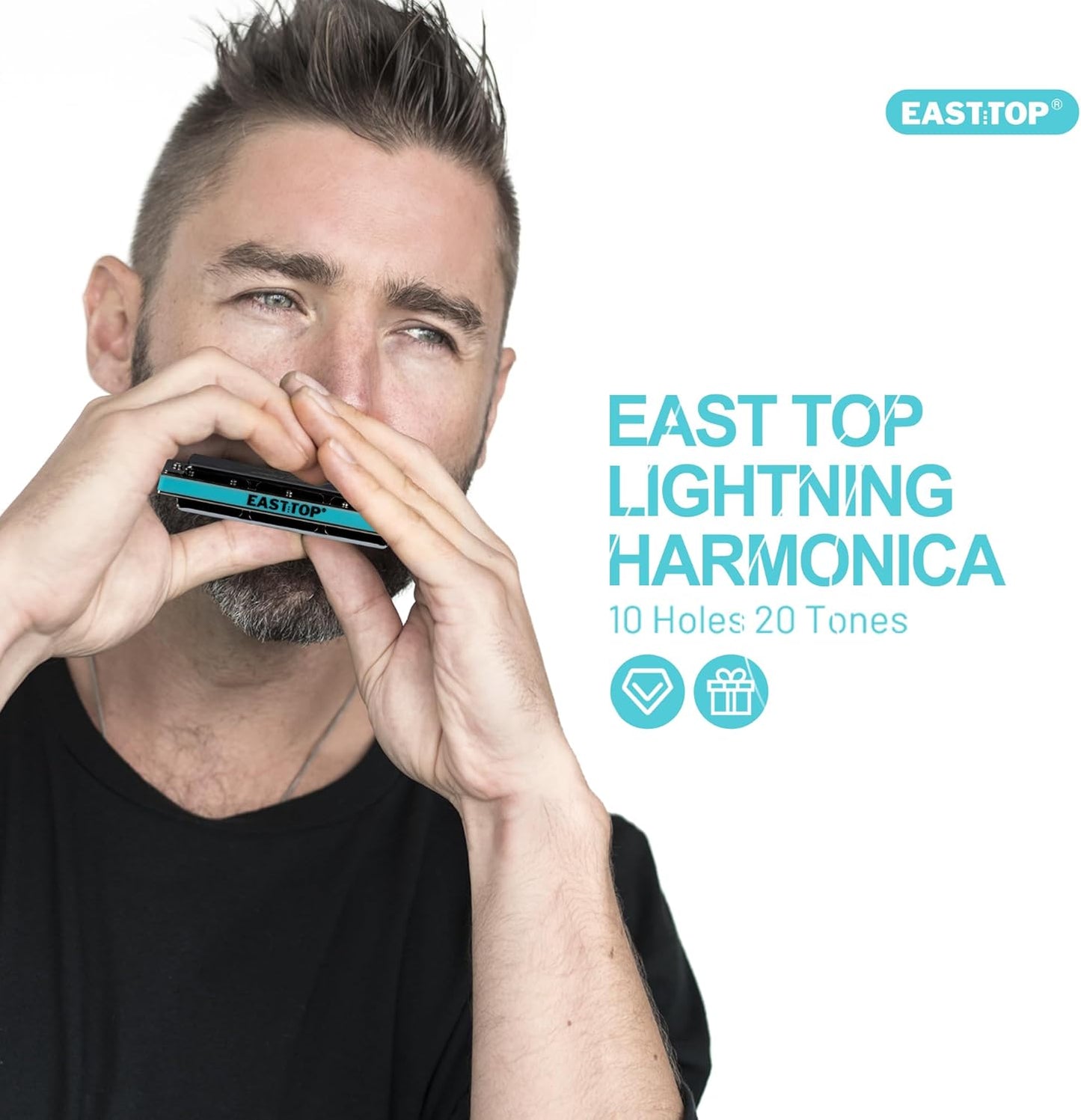 East top Harmonica, Advanced Diatonic Harmonica Key of LOW F, 10 Holes Blues Harp Mouth Organ Harmonica with Silver Cover, Blues Harmonicas For Adults, Professionals and Students