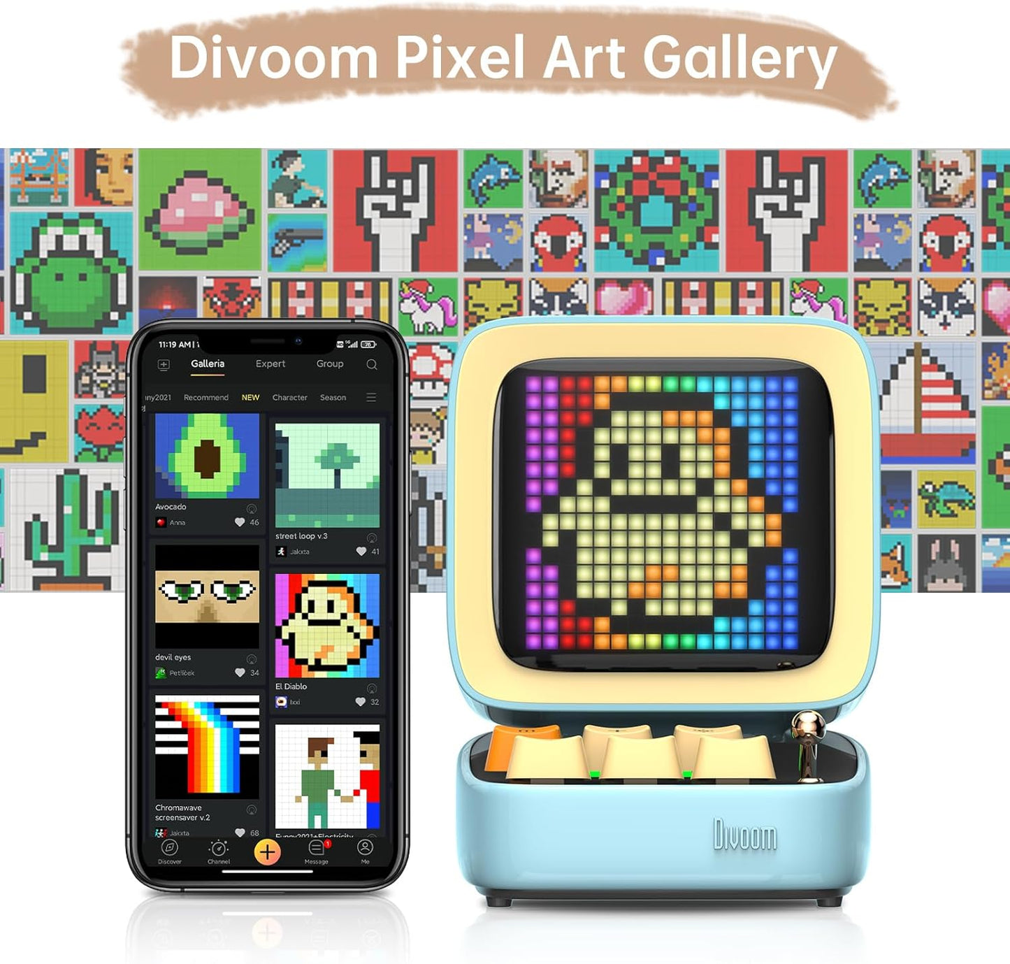 Divoom Ditoo Retro Pixel Art Game Bluetooth Speaker with 16X16 LED App Controlled Front Screen (Blue) …