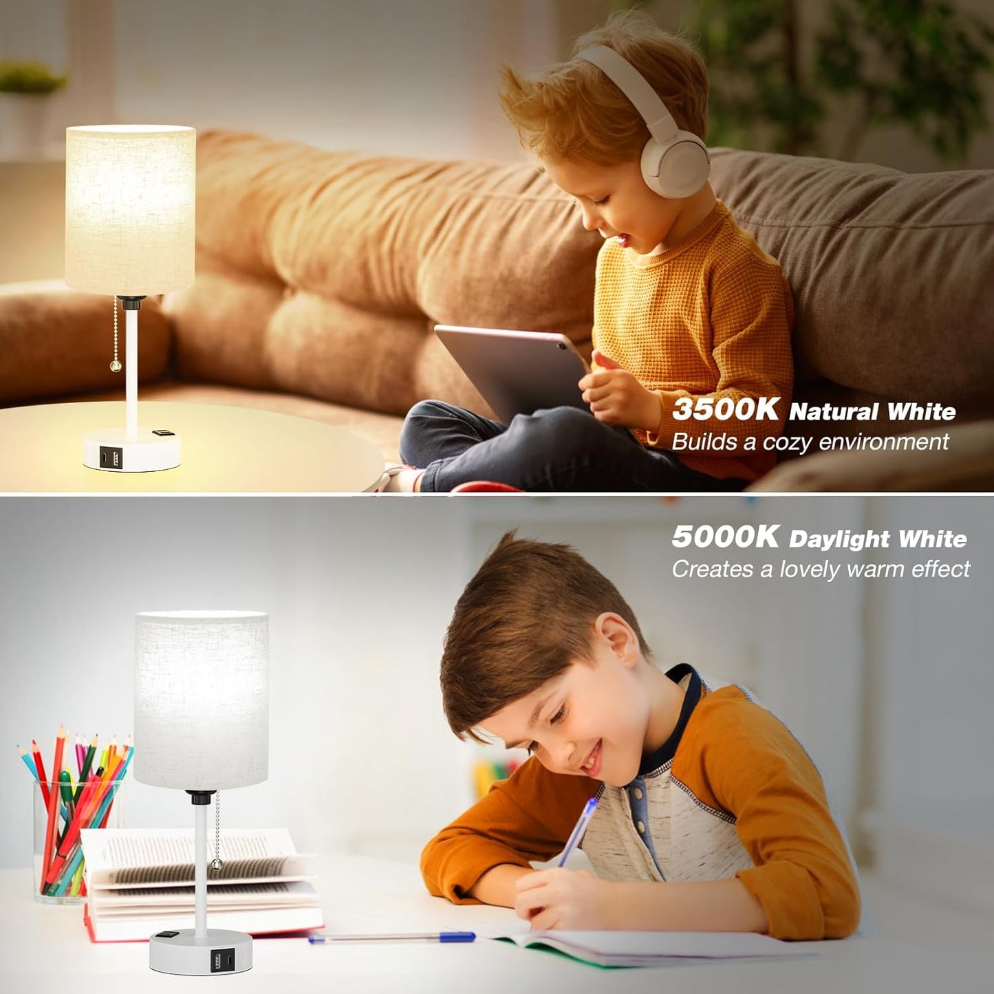 Small Bedside Lamp for Bedroom Nightstand - 2700K 3500K 5000K Bedside Lamps with USB C and A Ports, Pull Chain Table Lamps with AC Outlet, Nightstand Lamps with White Metal Base for Kids Reading