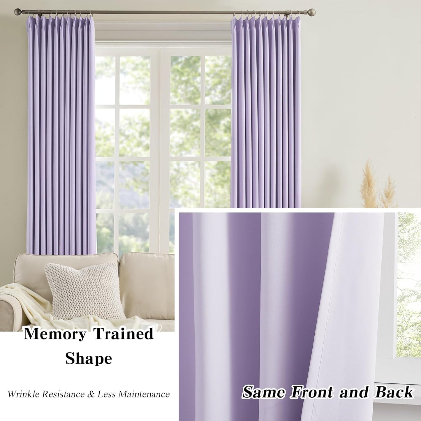 Lilac Light Purple Room Darkening Curtains, Pinch Pleat with Hooks, Modern Design Light Reducing & Privacy Protection Blackout Window Drape/Drapery for Kid's Adult Room(Lavender, 2 Panels, W40 x L96)